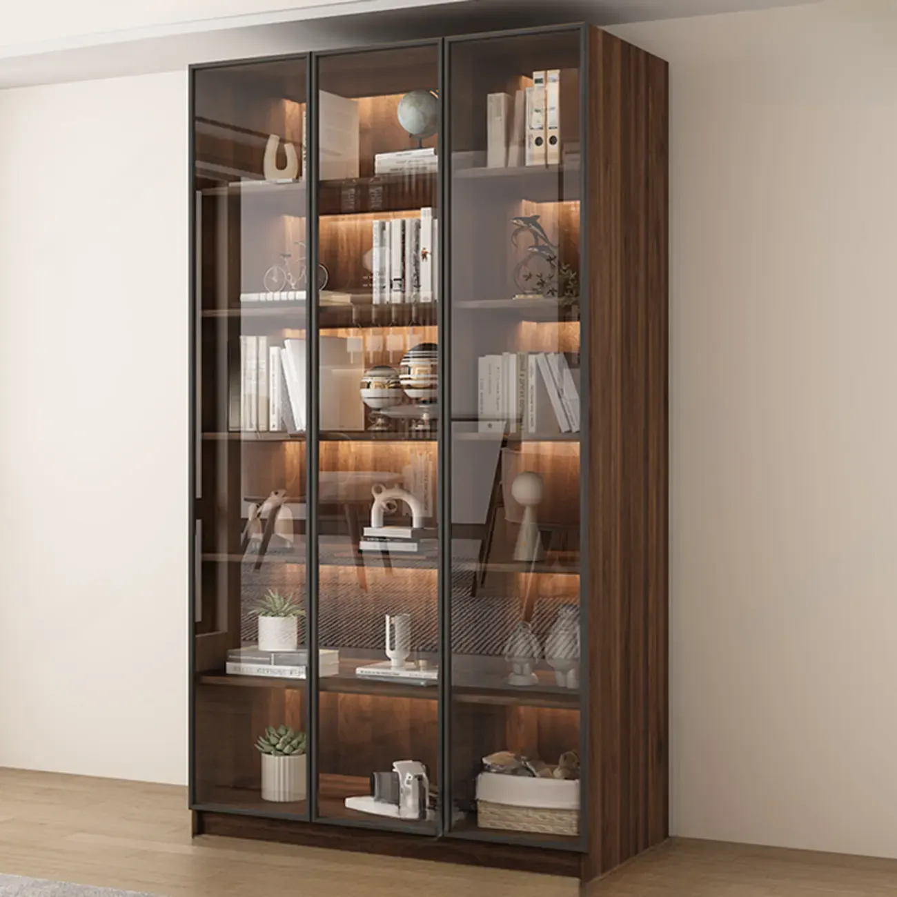 Large Modern Brown Cocoa Wood Bookcase with Glass Doors Image - 9