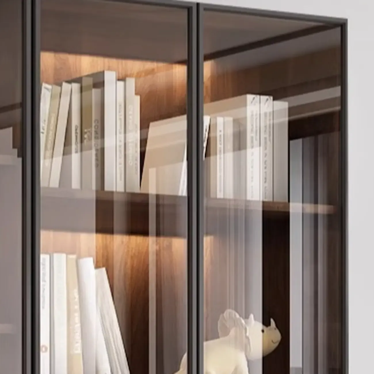 Large Modern Brown Cocoa Wood Bookcase with Glass Doors Image - 10