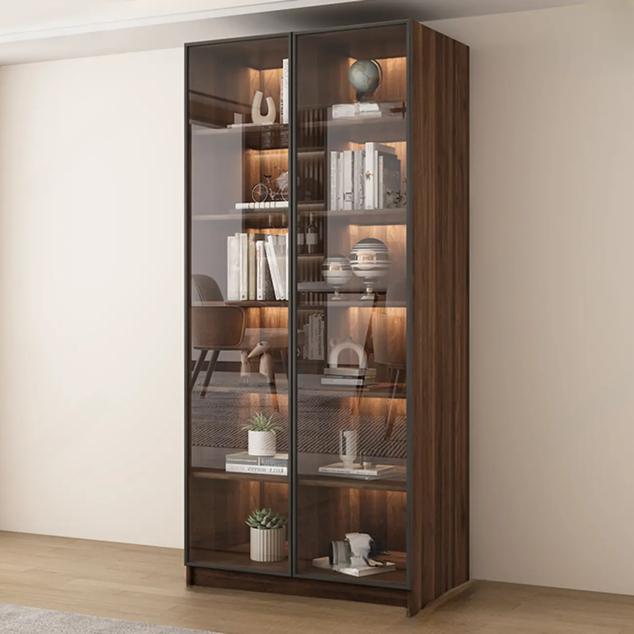 Large Modern Brown Cocoa Wood Bookcase with Glass Doors Image - 11 | homeyfad