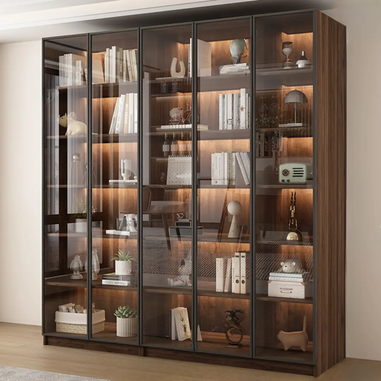 Large Modern Brown Cocoa Wood Bookcase with Glass Doors Image - 12