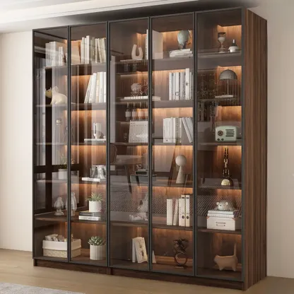Large Modern Brown Cocoa Wood Bookcase with Glass Doors Image - 12