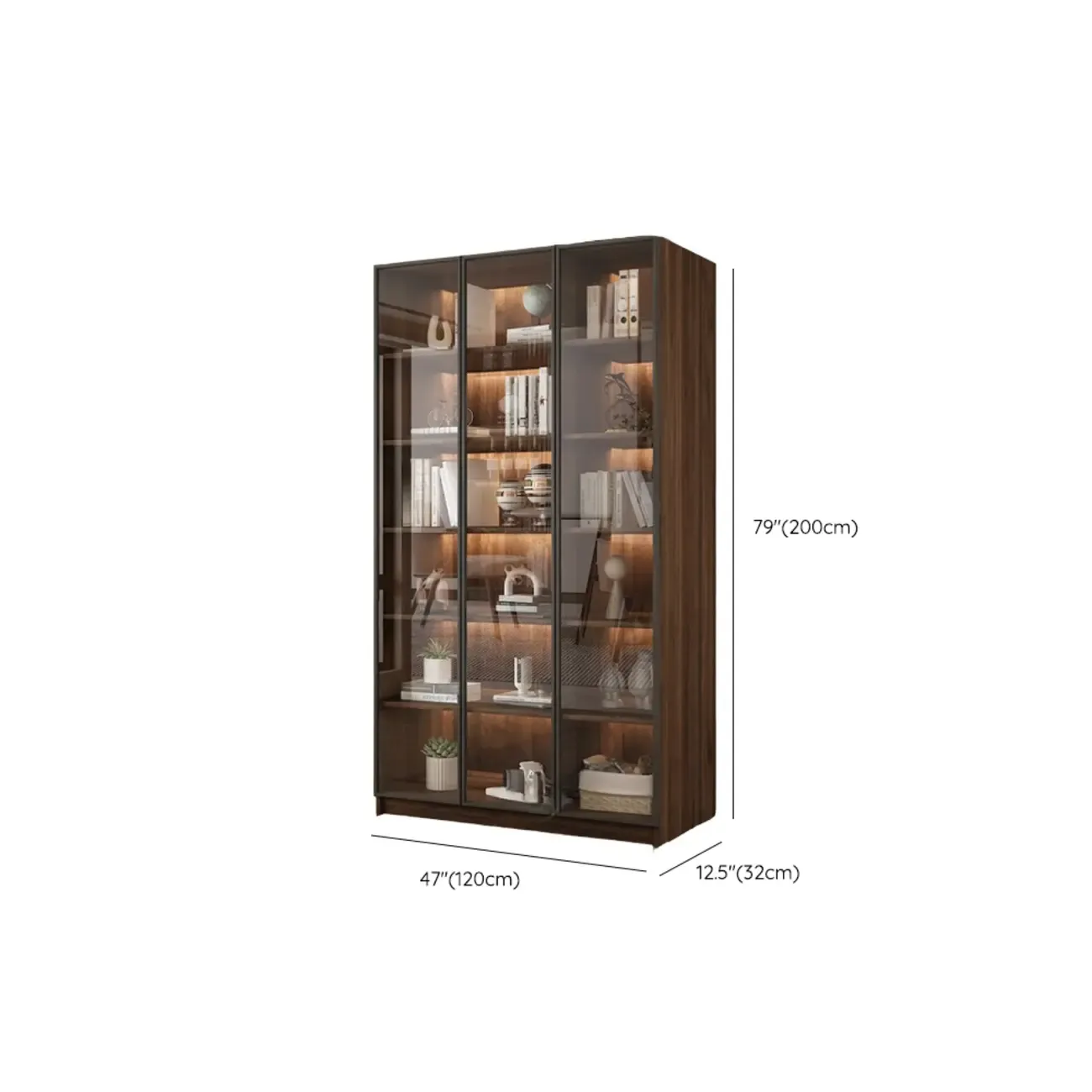 Large Modern Brown Cocoa Wood Bookcase with Glass Doors #size