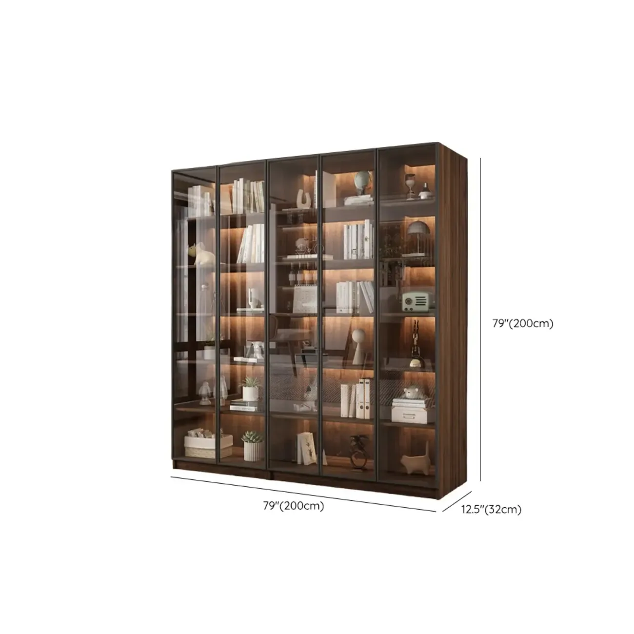 Large Modern Brown Cocoa Wood Bookcase with Glass Doors Image - 15