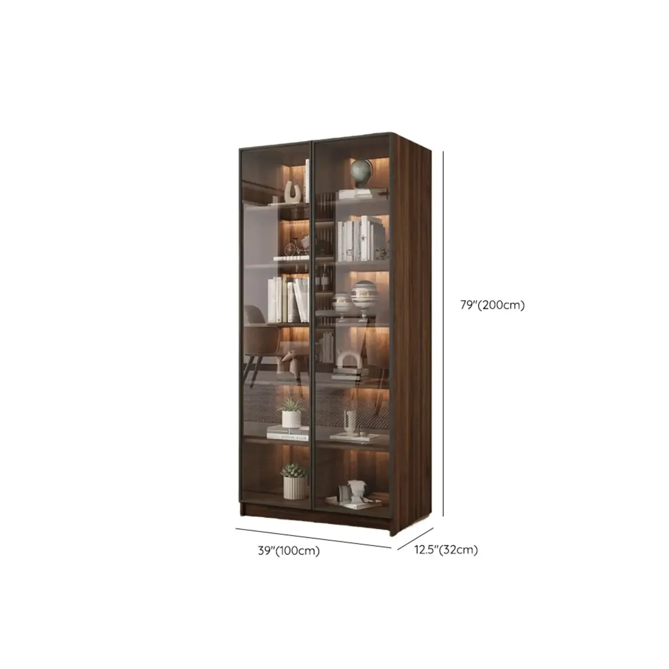 Large Modern Brown Cocoa Wood Bookcase with Glass Doors Image - 18