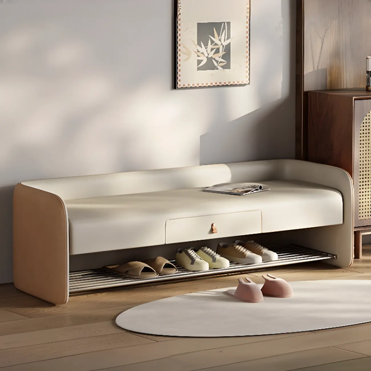 Living Room Pine Wood Upholstered Storage Bench with Backrest Image - 1 | homeyfad