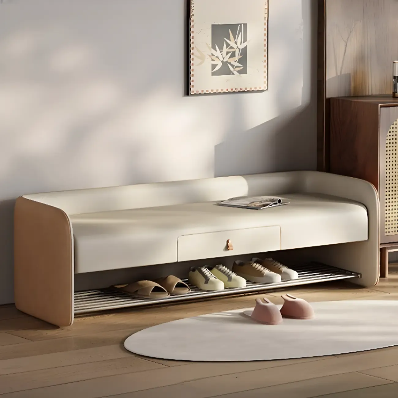 Living Room Pine Wood Upholstered Storage Bench with Backrest Image - 1