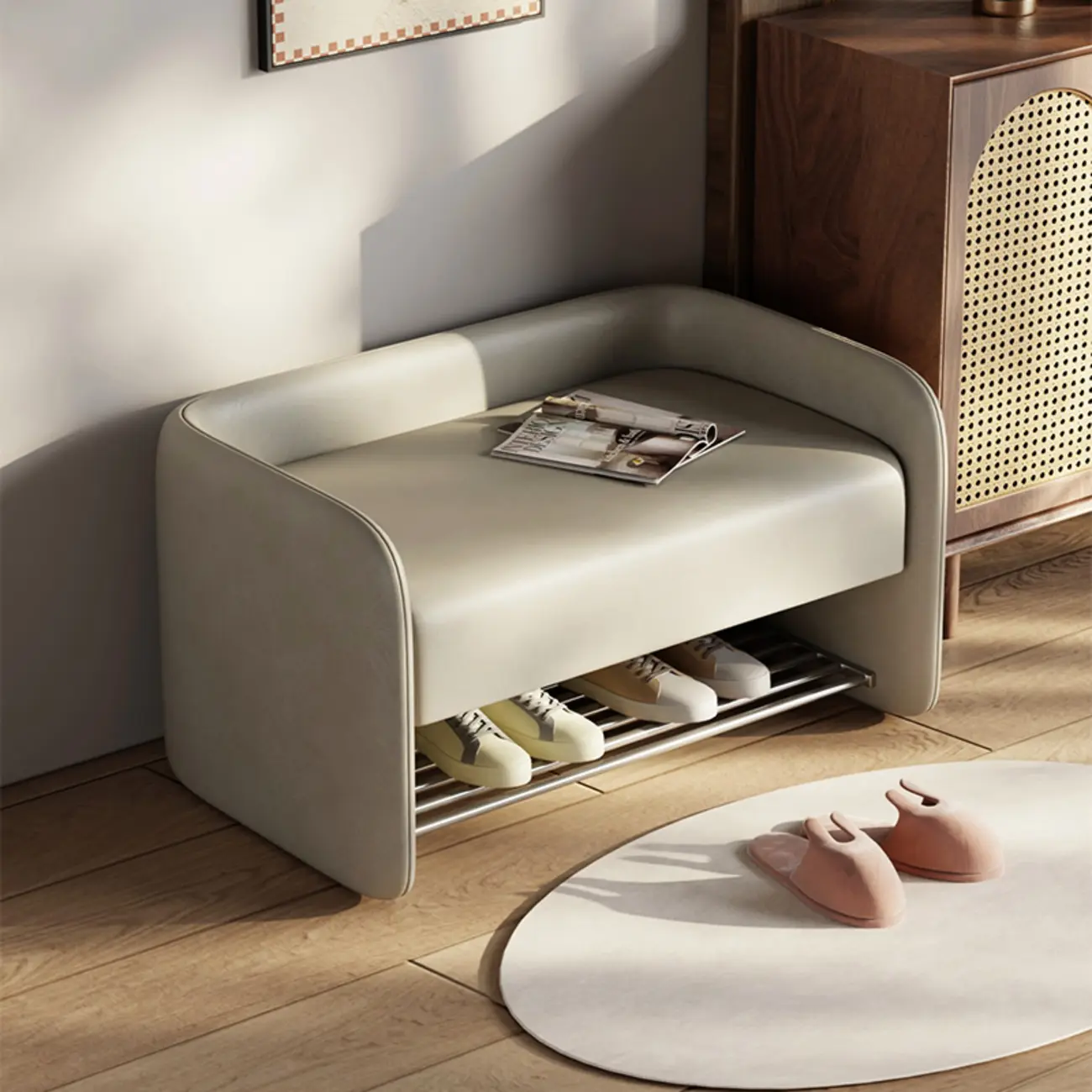 Living Room Pine Wood Upholstered Storage Bench with Backrest Image - 5 | homeyfad