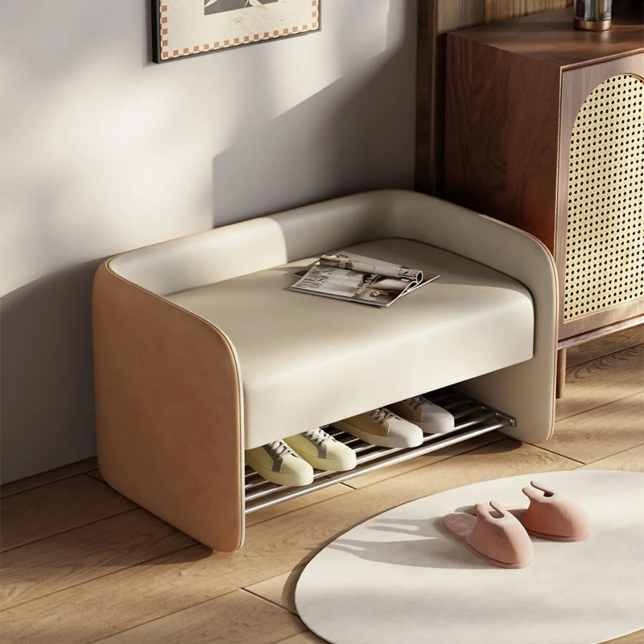 Living Room Pine Wood Upholstered Storage Bench with Backrest Image - 6 | homeyfad