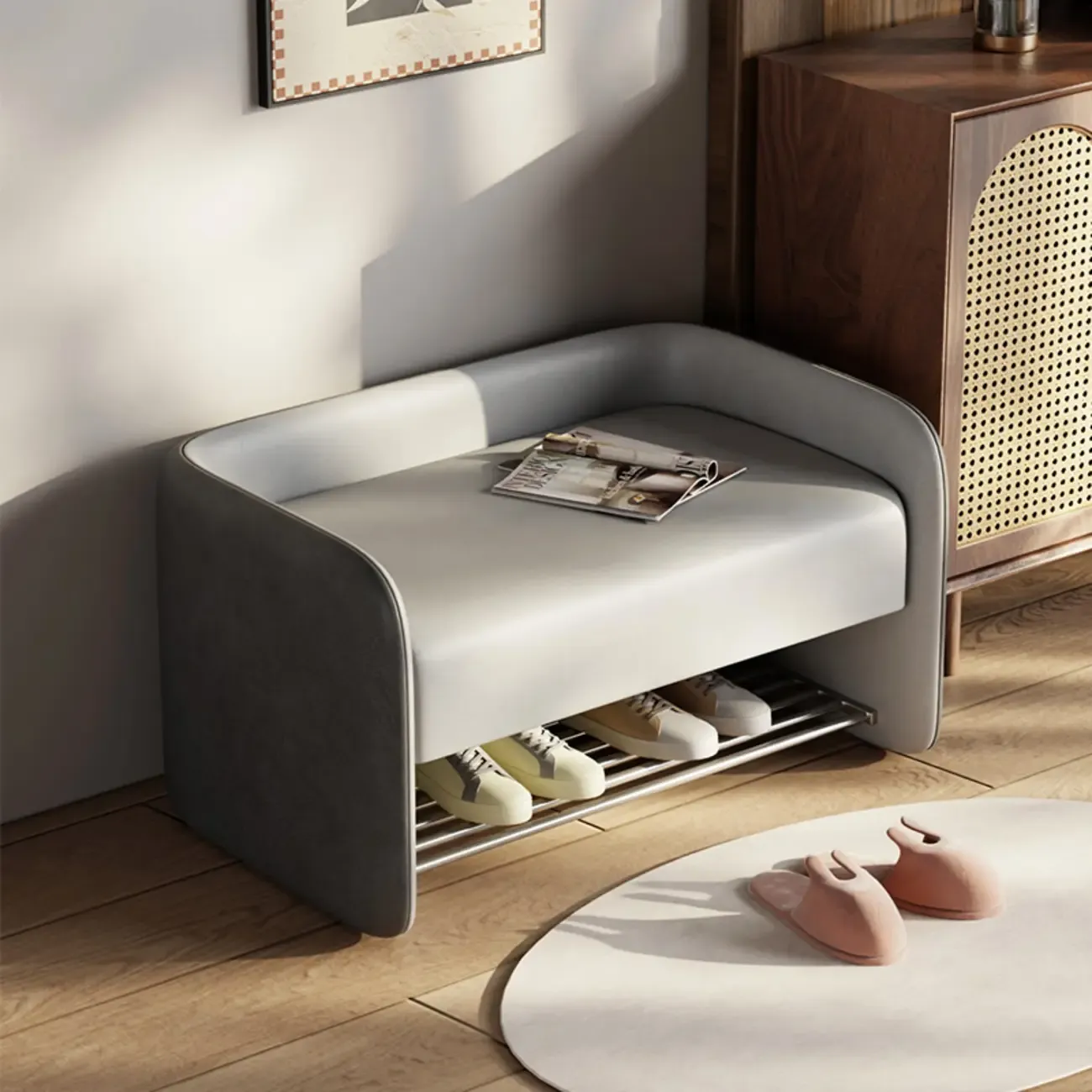 Living Room Pine Wood Upholstered Storage Bench with Backrest Image - 7