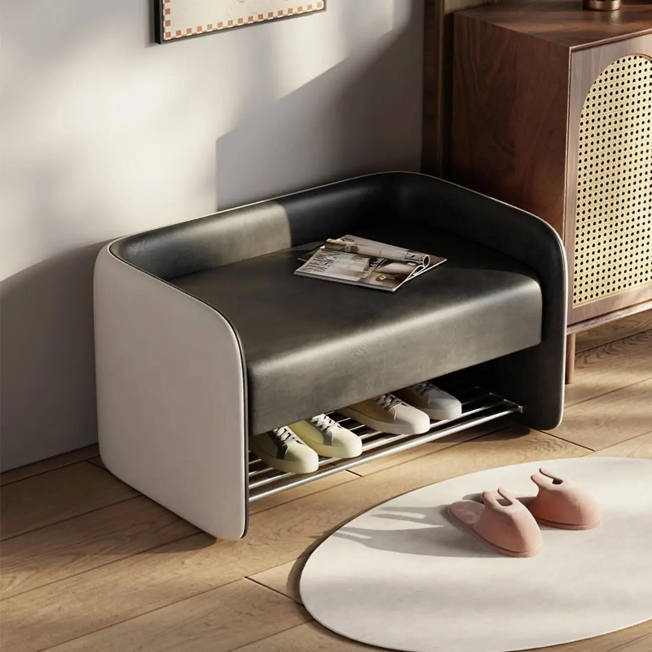 Living Room Pine Wood Upholstered Storage Bench with Backrest Image - 8 | homeyfad