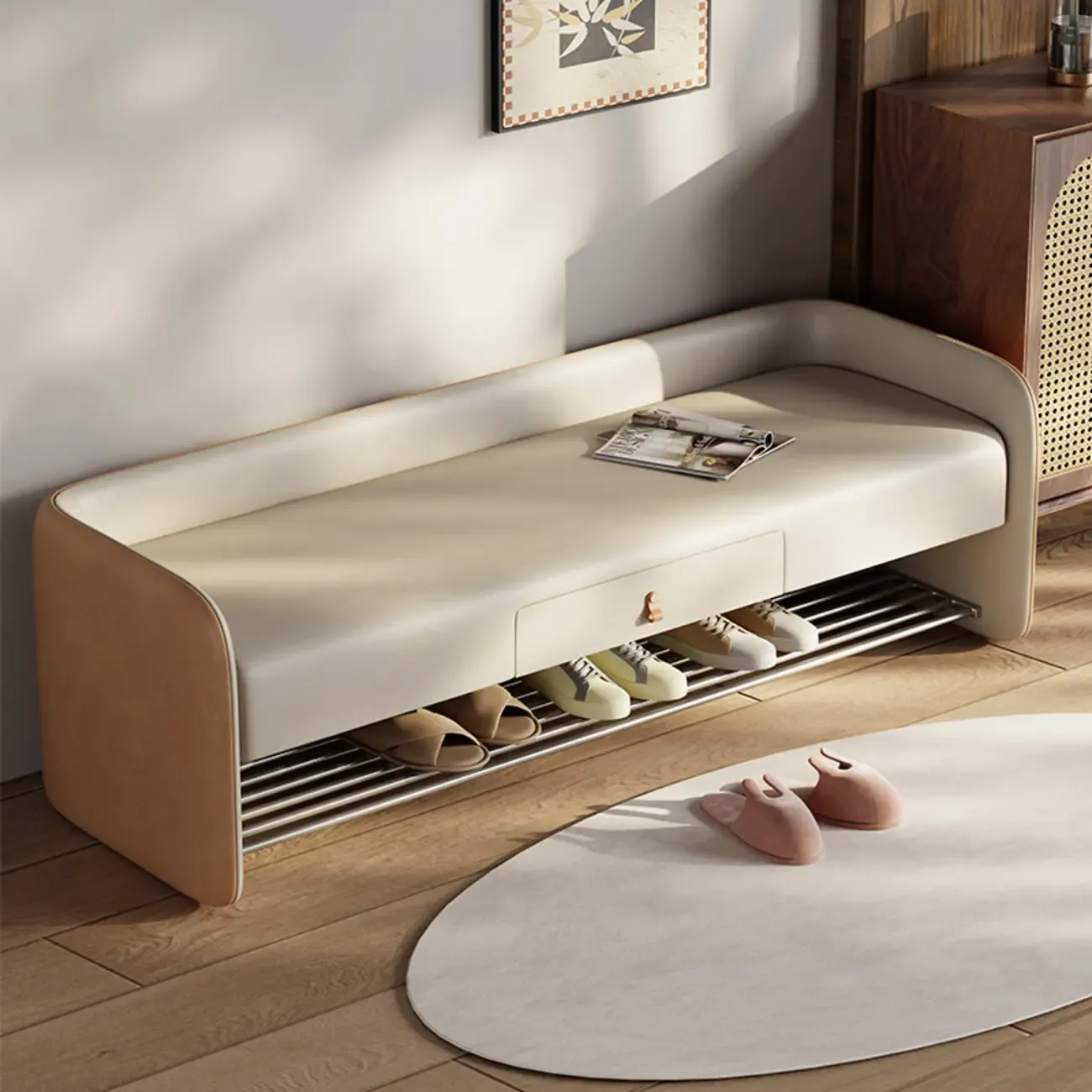 Living Room Pine Wood Upholstered Storage Bench with Backrest | HoemyFad