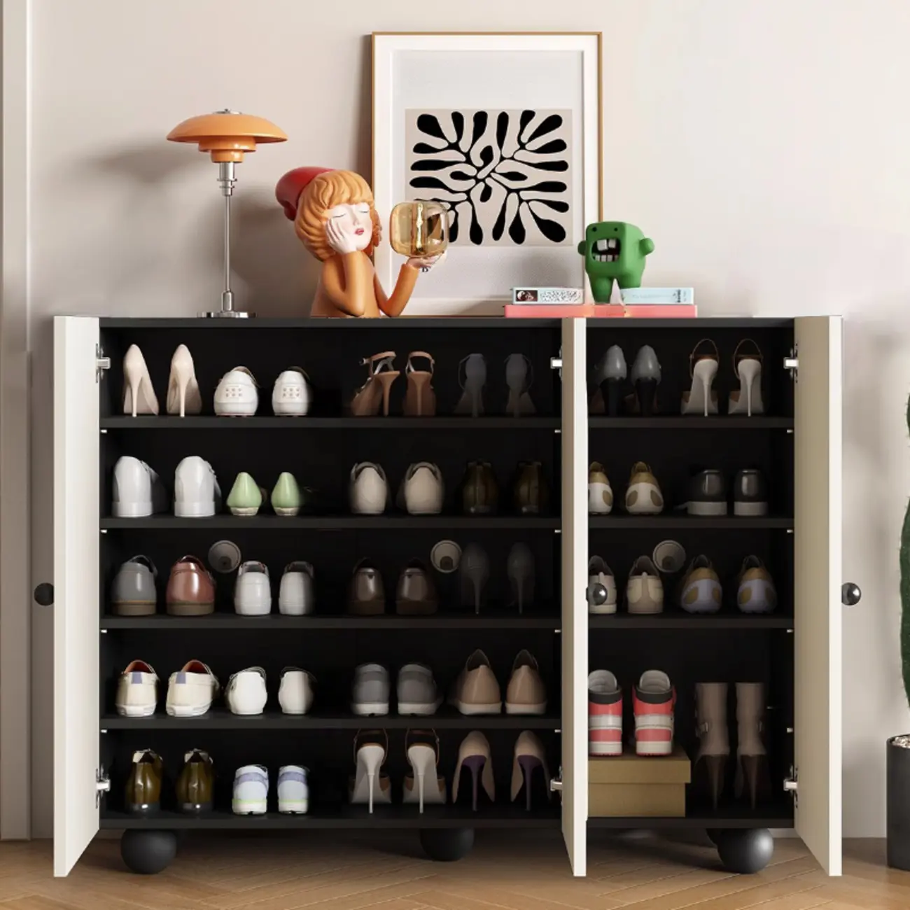 Chic Adjustable Shelves Wood Shoe Cabinet in White/Black Image - 2 | homeyfad