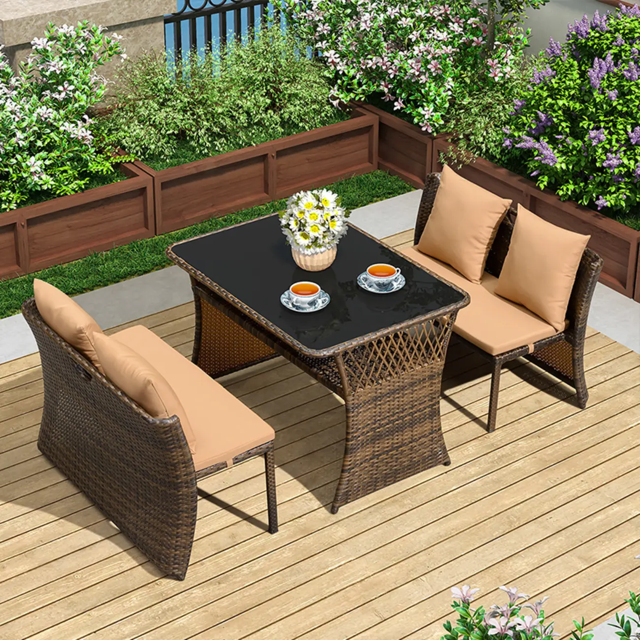 3-Piece Brown Wicker Patio Dining Set with Beige Cushion Image - 2 | homeyfad