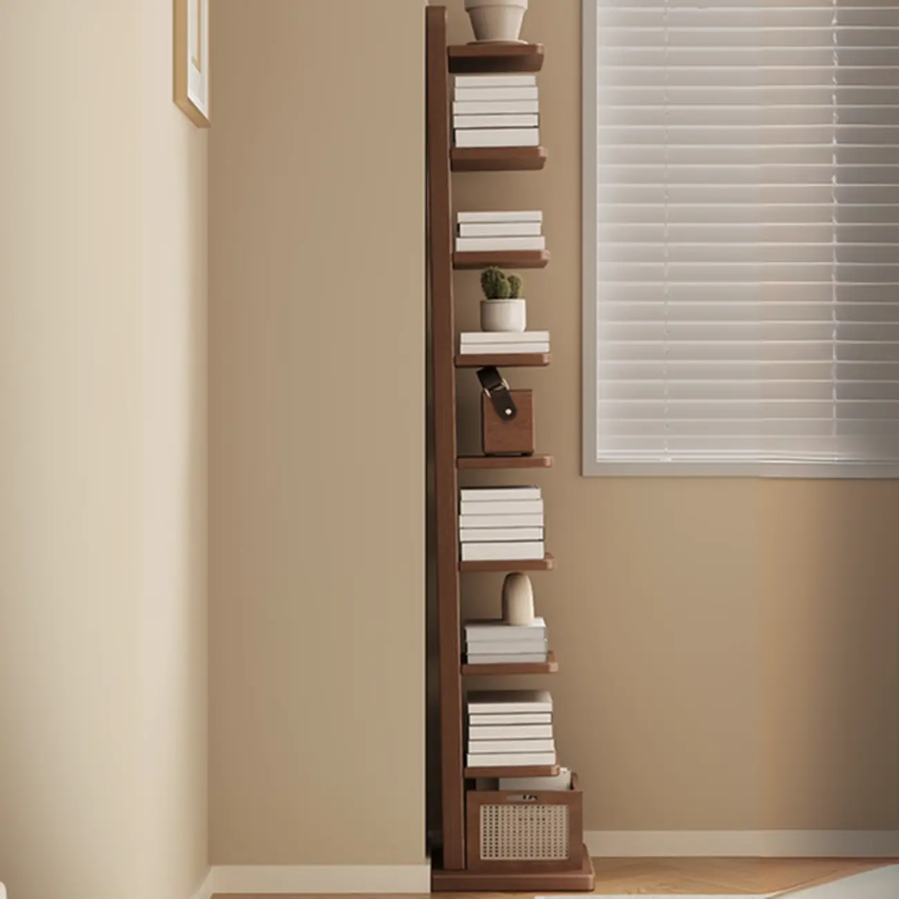 Narrow Wooden Multi-Shelf Closed Back Ladder Bookshelf Image - 1 | homeyfad