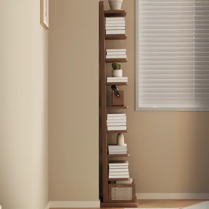 Narrow Wooden Multi-Shelf Closed Back Ladder Bookshelf Image - 1