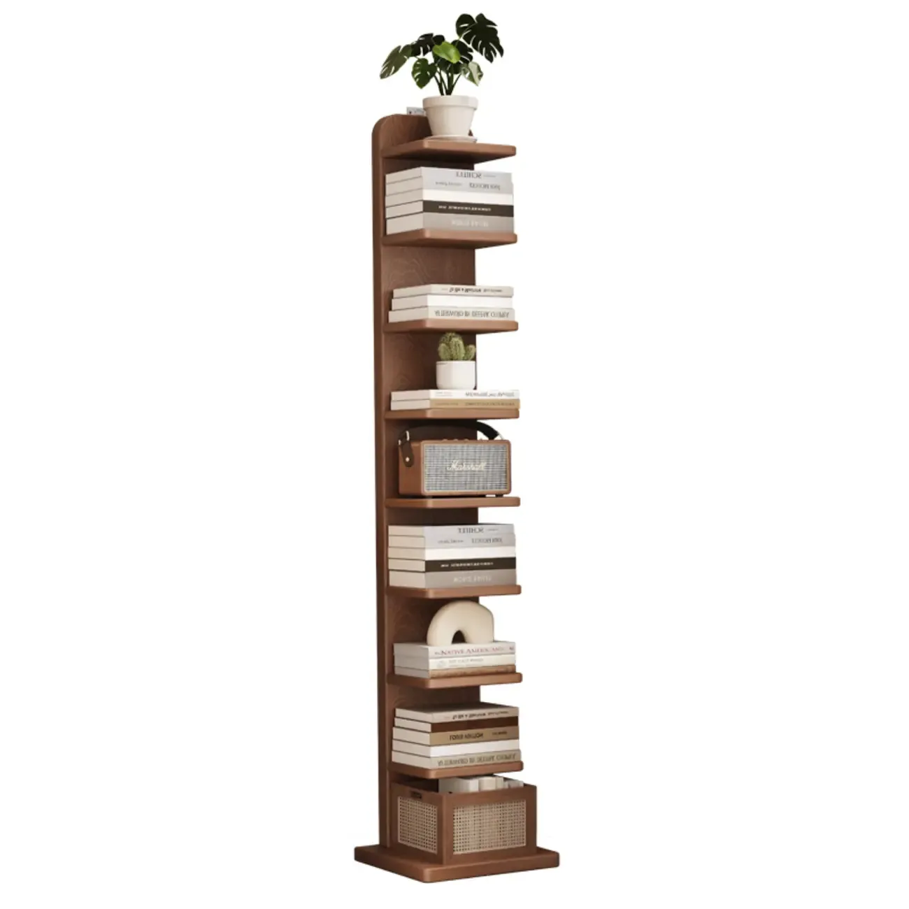 Narrow Wooden Multi-Shelf Closed Back Ladder Bookshelf Image - 11