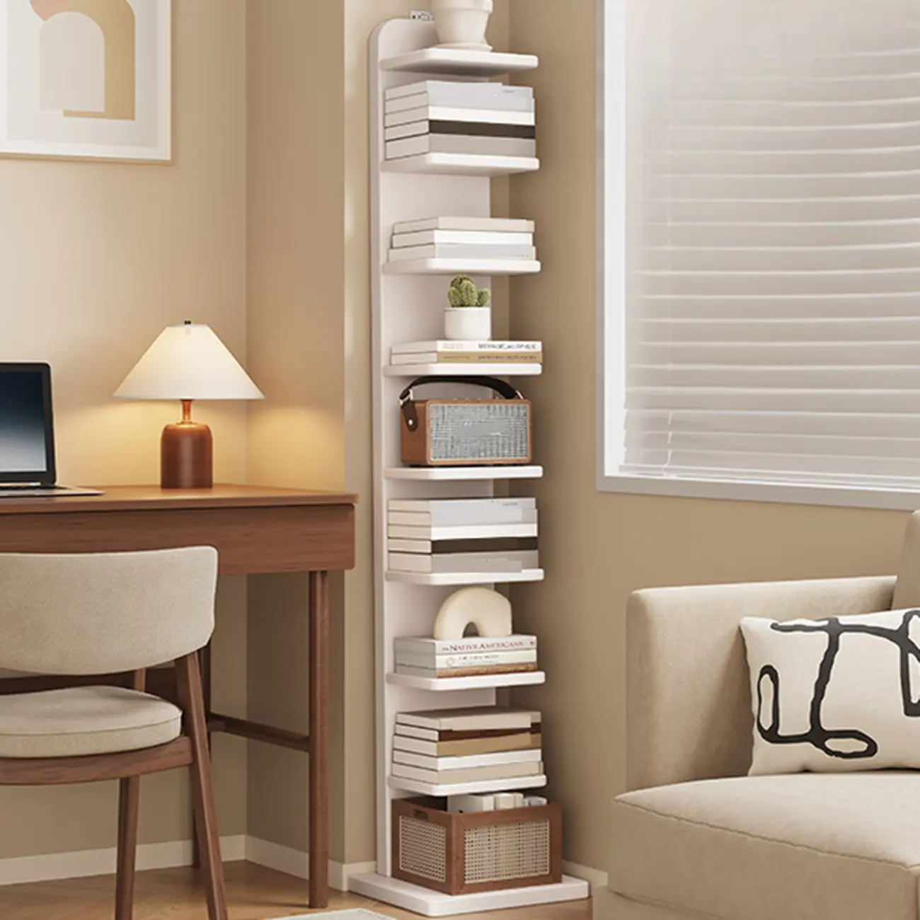 Narrow Wooden Multi-Shelf Closed Back Ladder Bookshelf Image - 2 | homeyfad