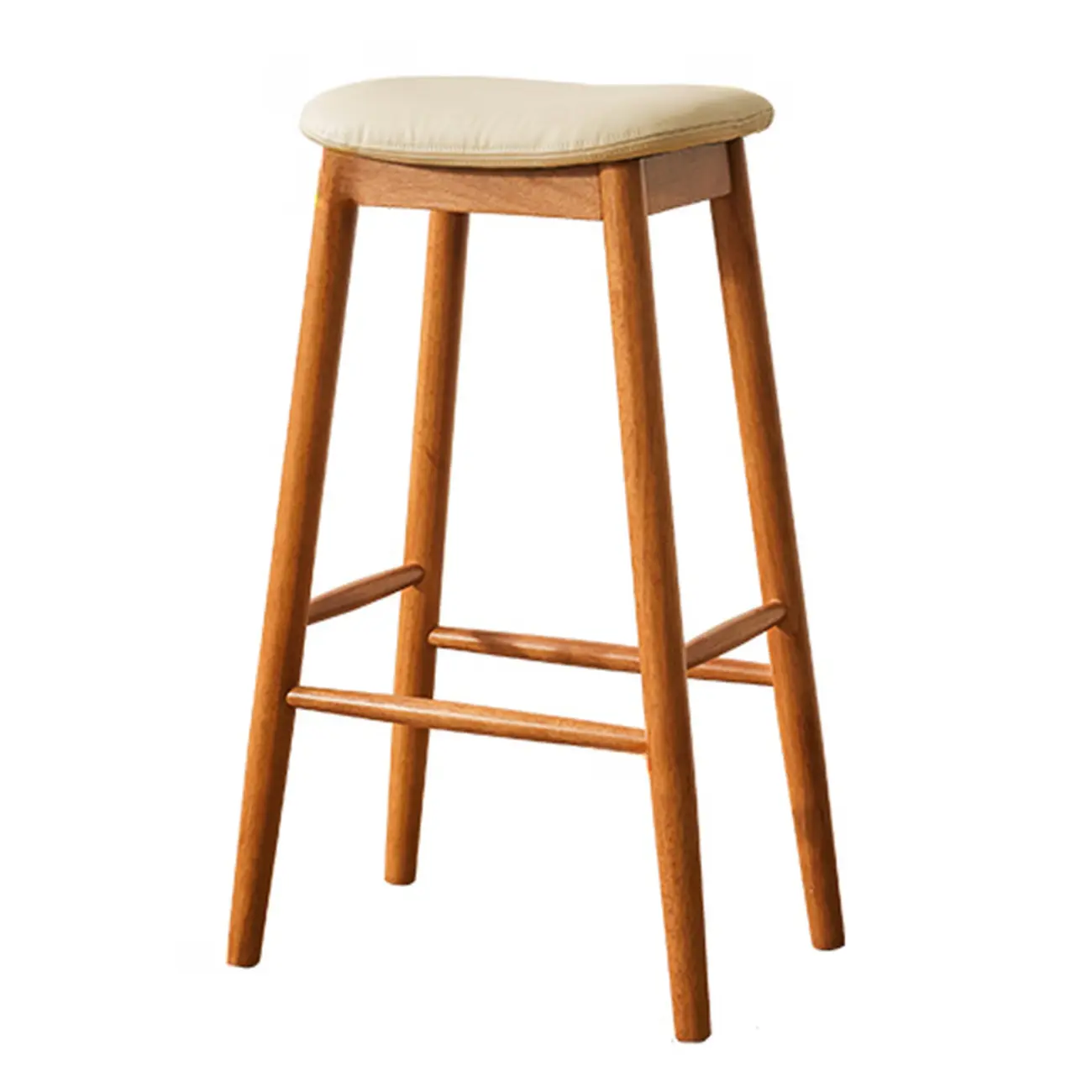 Brown Saddle Leather Seat Wooden Backless Bar Stools Image - 8 | homeyfad