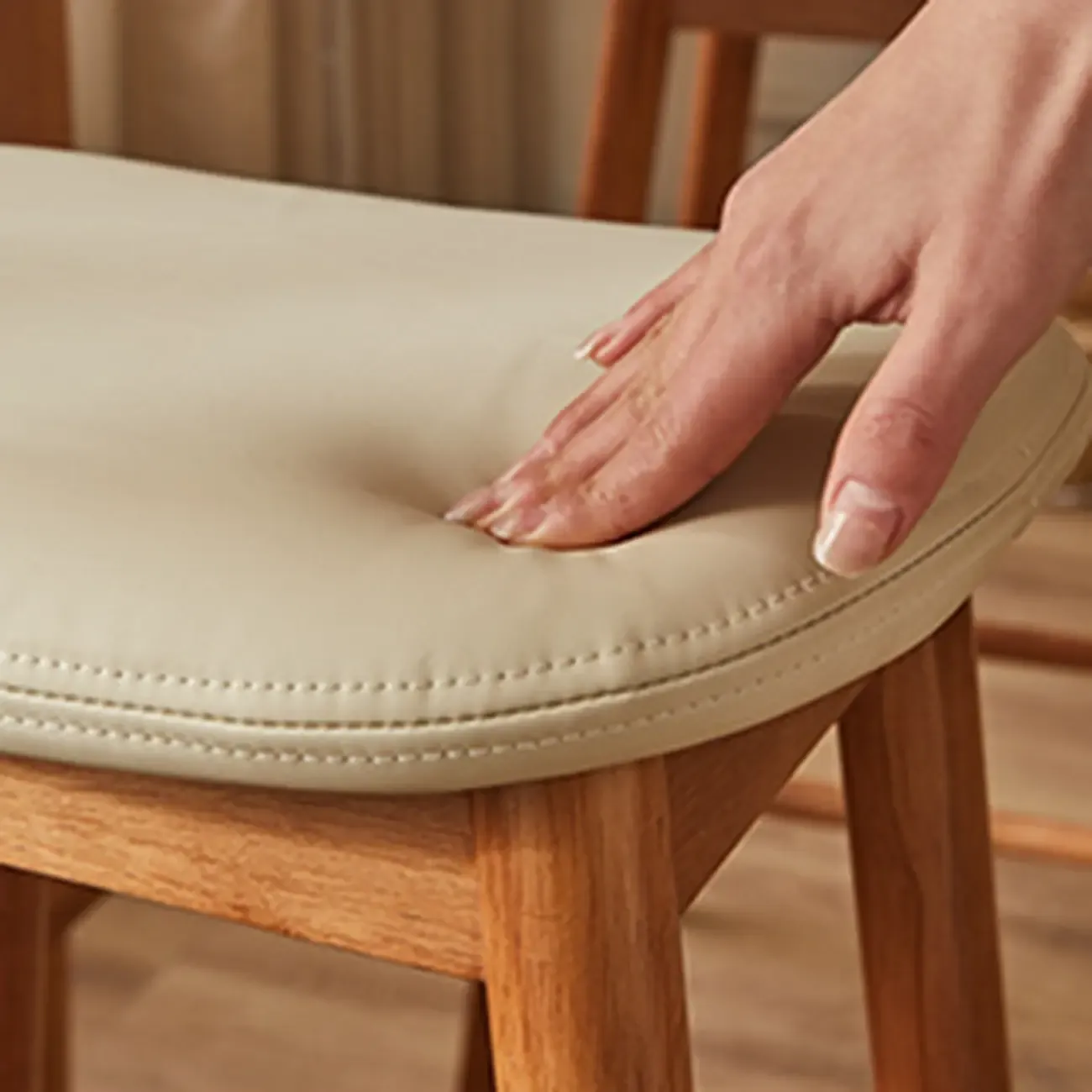 Brown Saddle Leather Seat Wooden Backless Bar Stools Image - 3