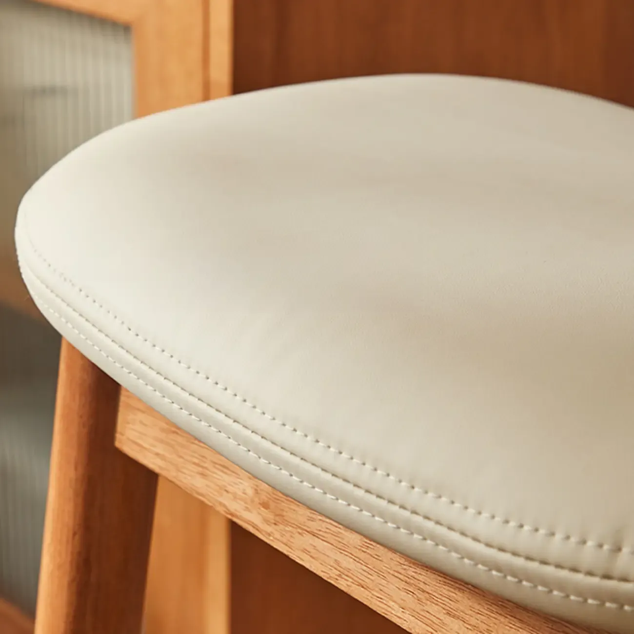 Brown Saddle Leather Seat Wooden Backless Bar Stools Image - 4