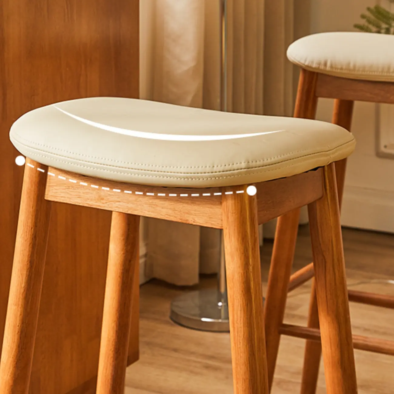 Brown Saddle Leather Seat Wooden Backless Bar Stools Image - 5 | homeyfad