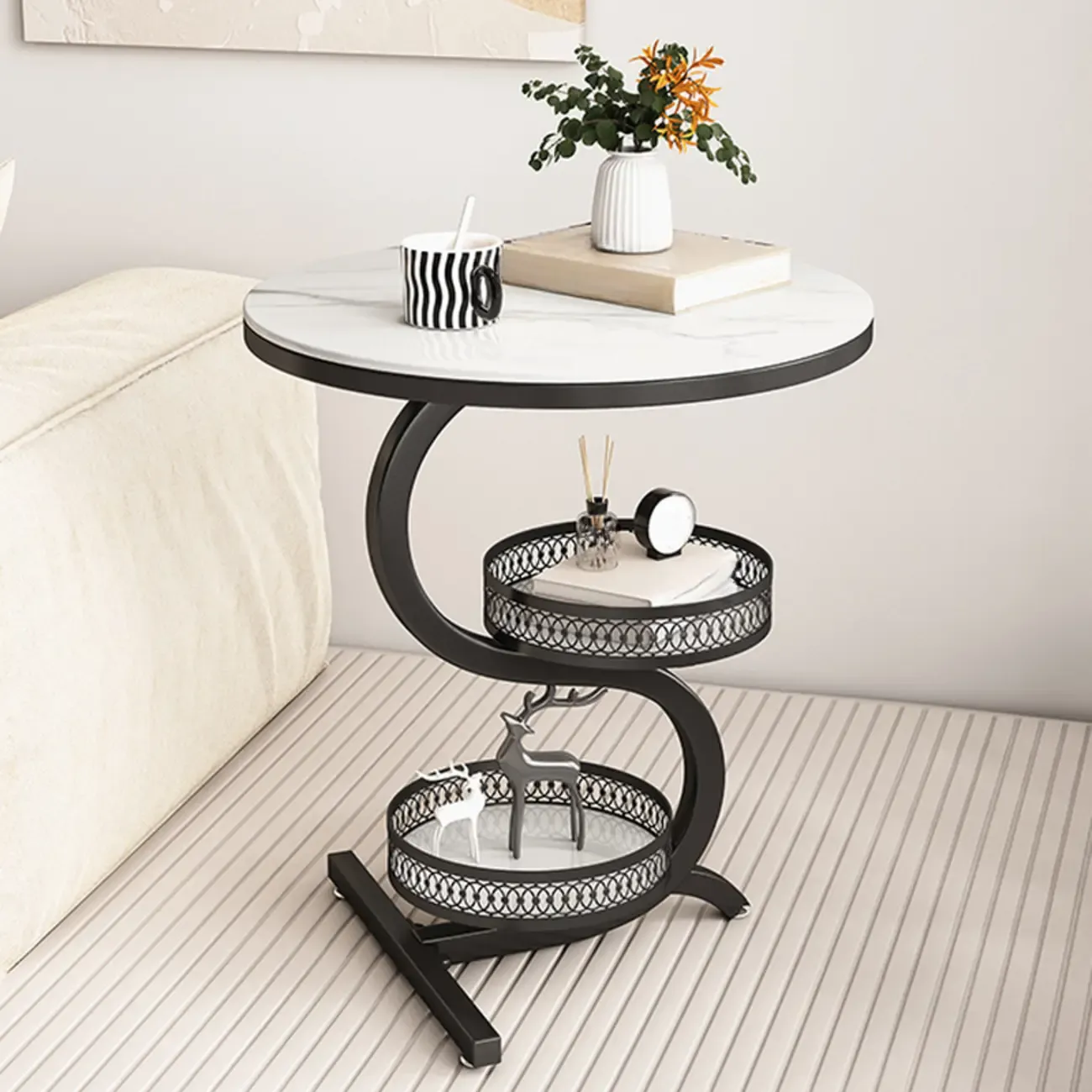 Glam Abstract White Stone 3-Layer Round Side Table Image - 1