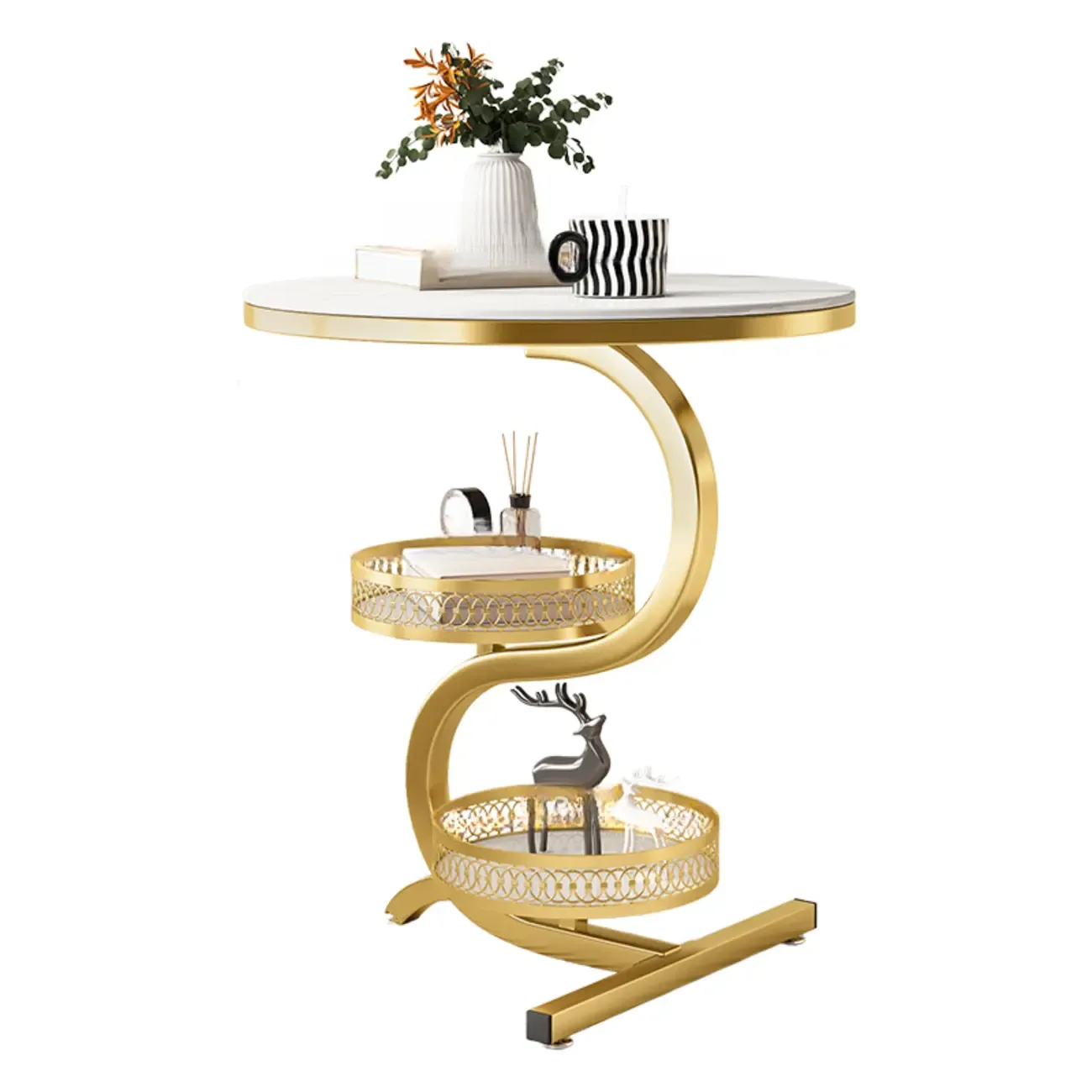 Glam Abstract White Stone 3-Layer Round Side Table Image - 4