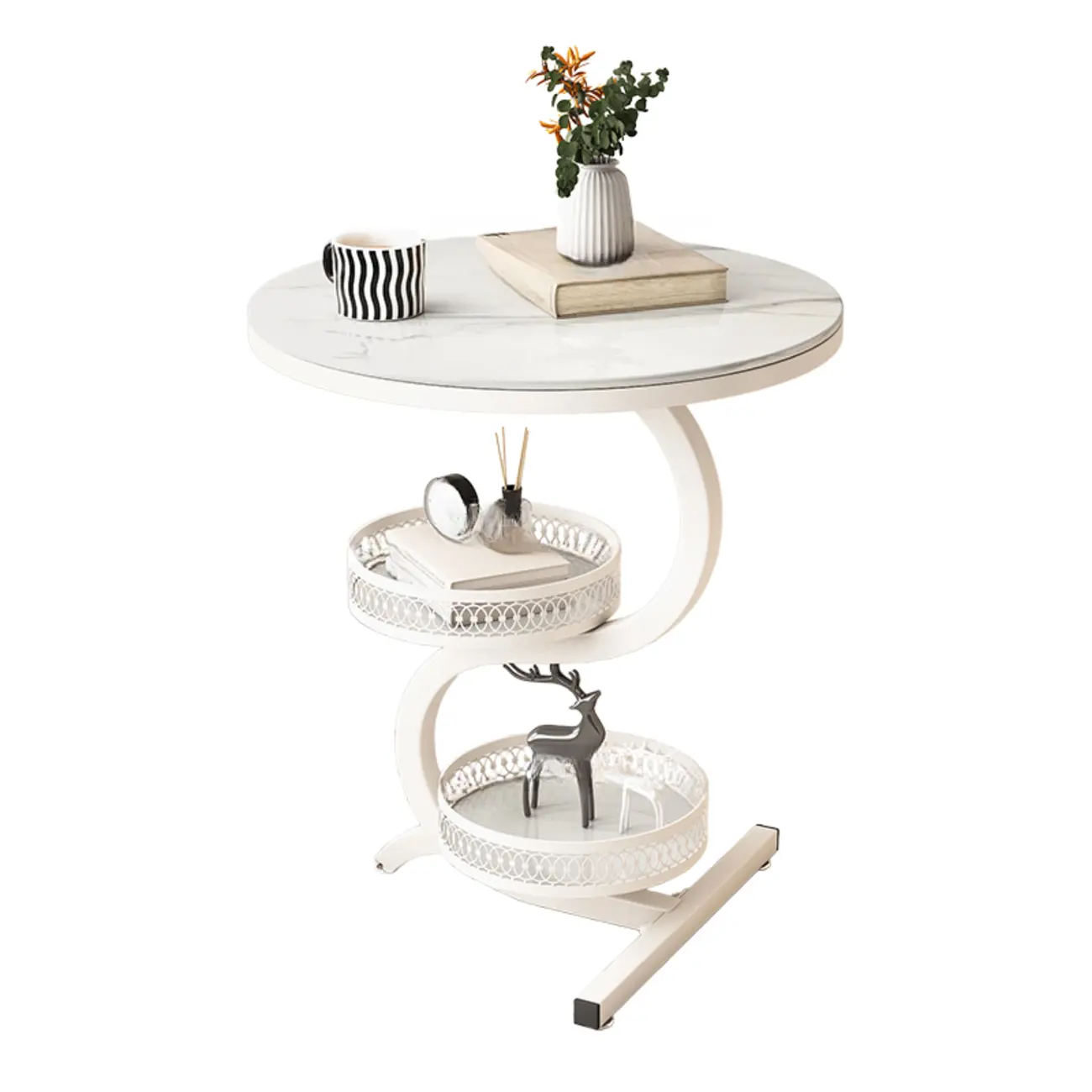 Glam Abstract White Stone 3-Layer Round Side Table Image - 6 | homeyfad