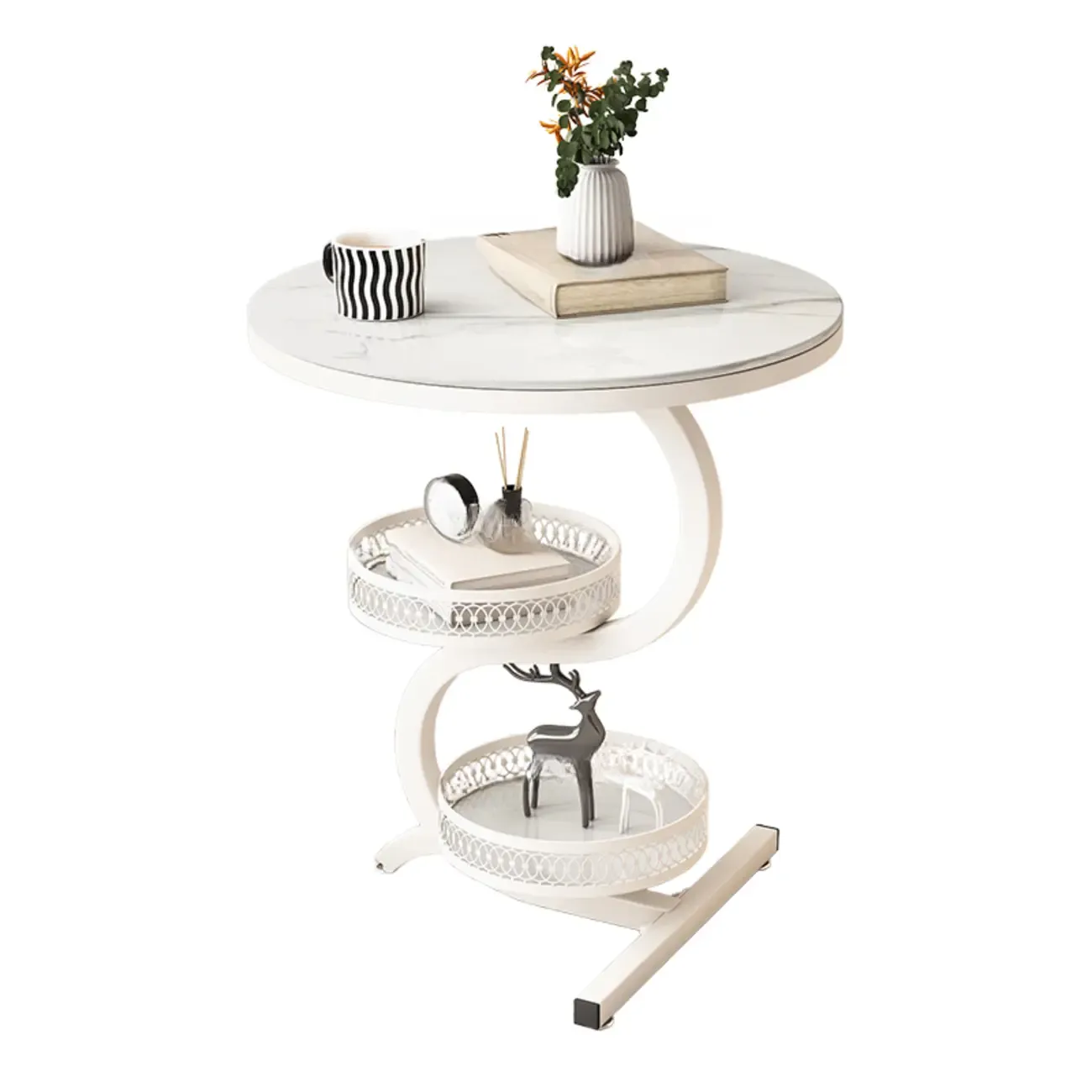 Glam Abstract White Stone 3-Layer Round Side Table Image - 6