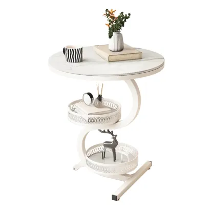 Glam Abstract White Stone 3-Layer Round Side Table Image - 6
