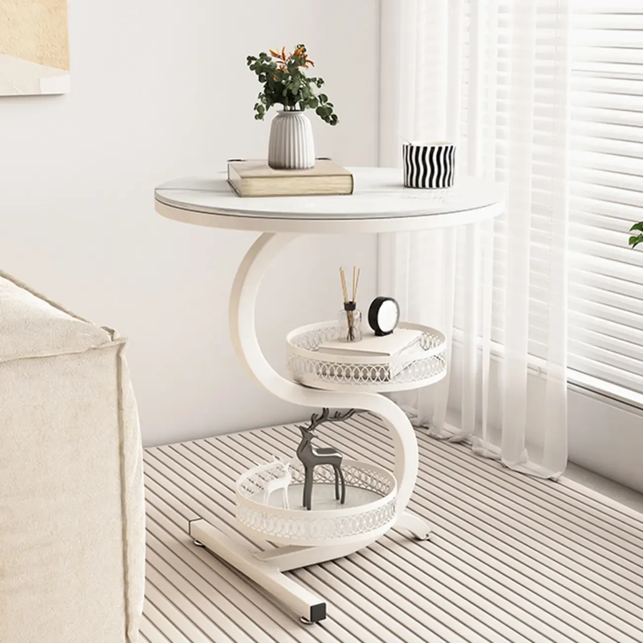 Glam Abstract White Stone 3-Layer Round Side Table Image - 2