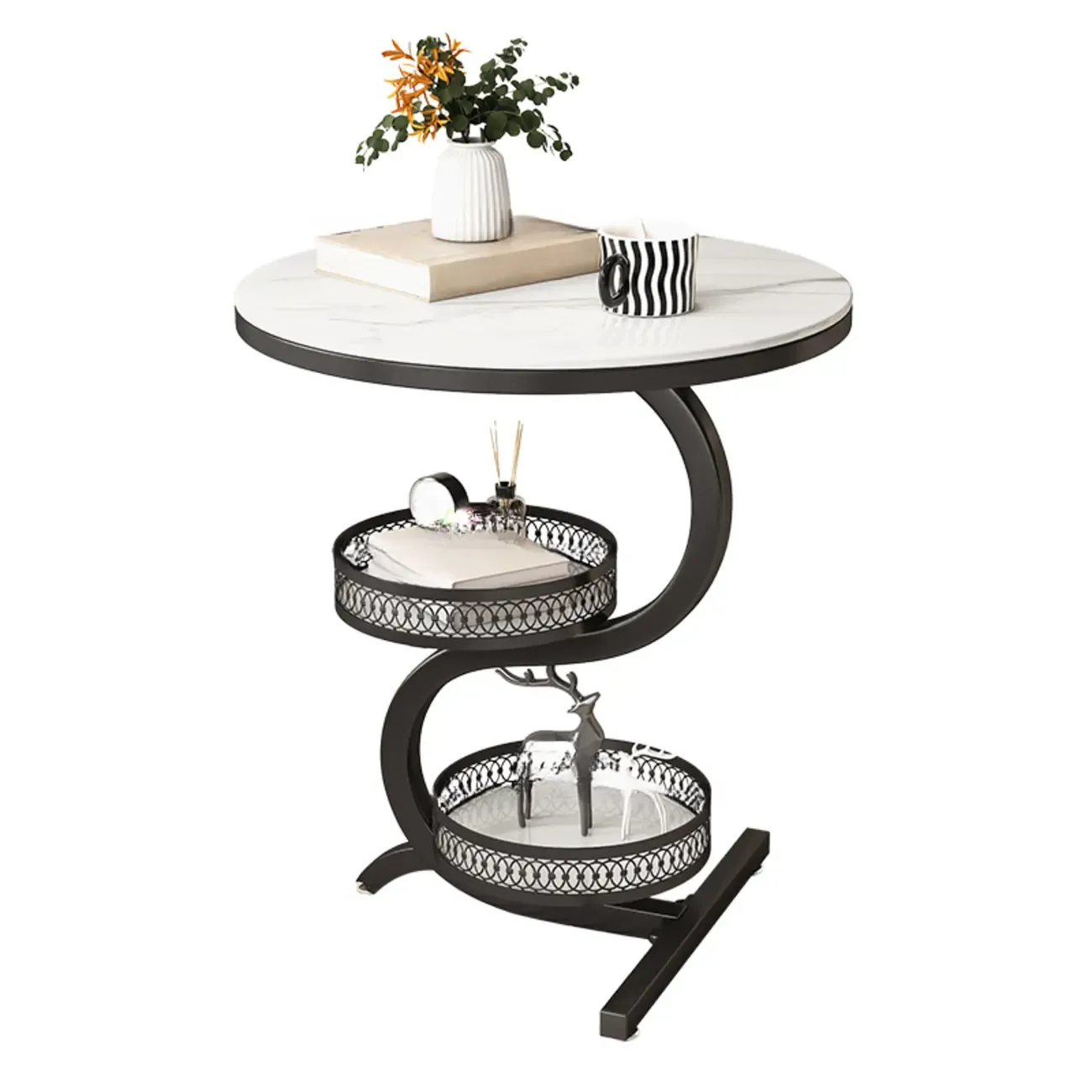 Glam Abstract White Stone 3-Layer Round Side Table Image - 5