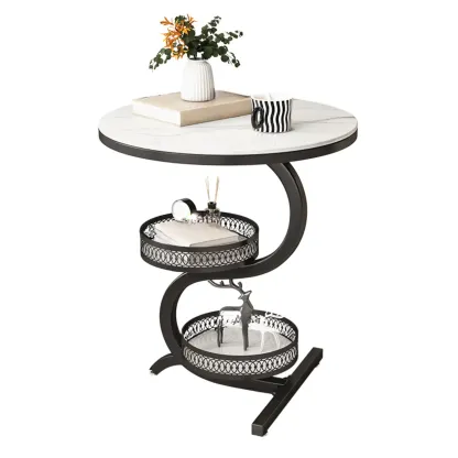 Glam Abstract White Stone 3-Layer Round Side Table Image - 5