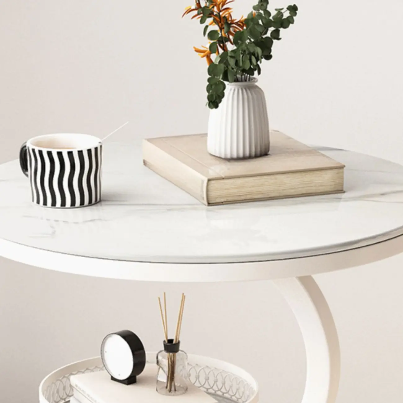 Glam Abstract White Stone 3-Layer Round Side Table Image - 9 | homeyfad