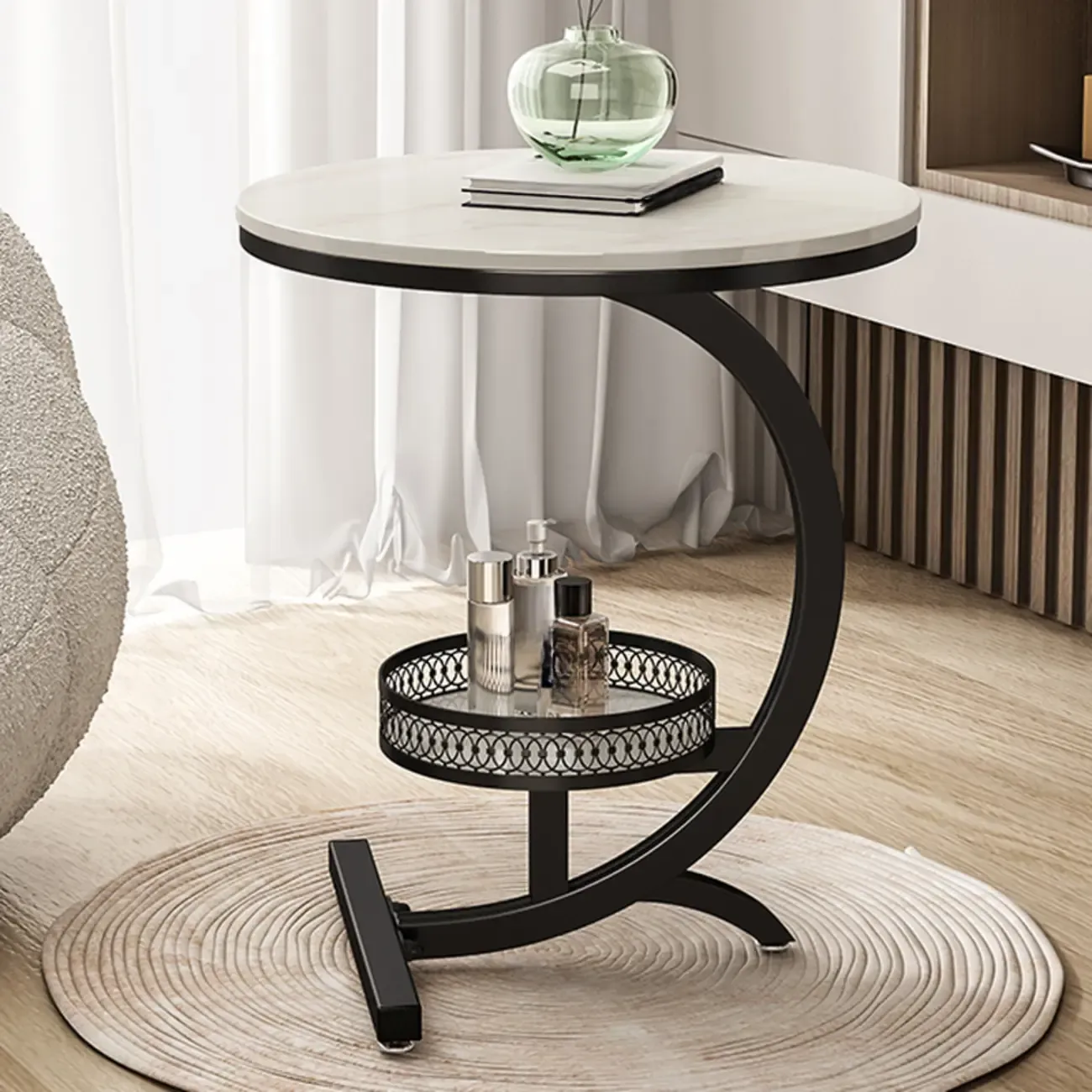 Glam Stone Top Metal Base C-Shape Side Table Image - 1