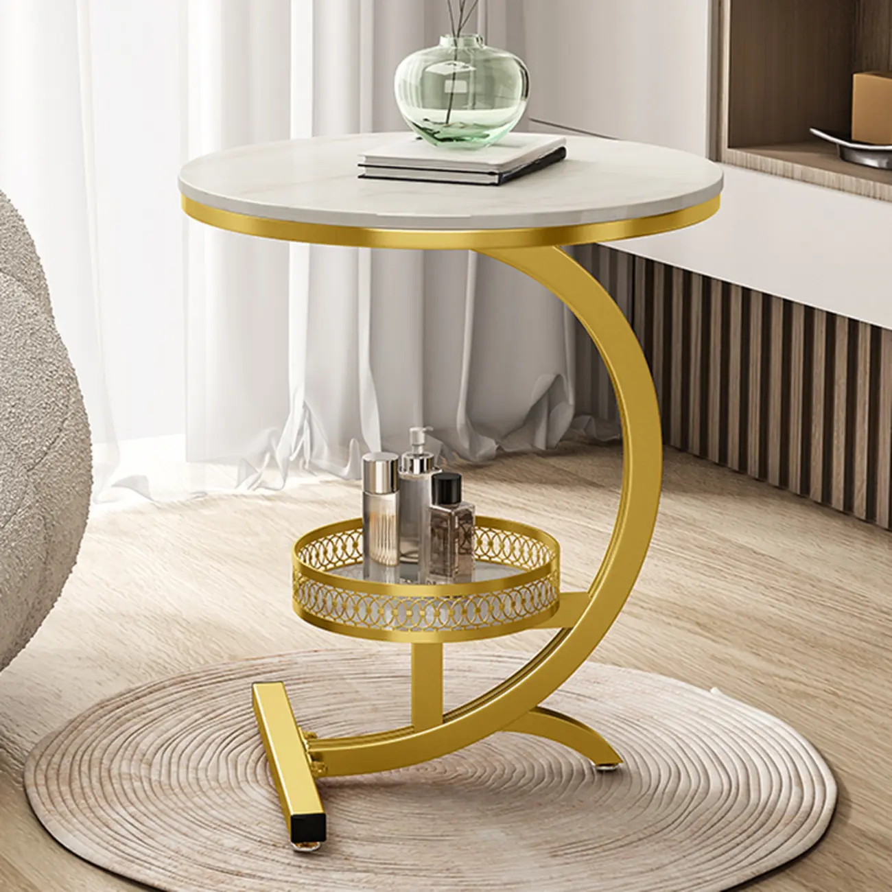 Glam Stone Top Metal Base C-Shape Side Table Image - 4 | homeyfad