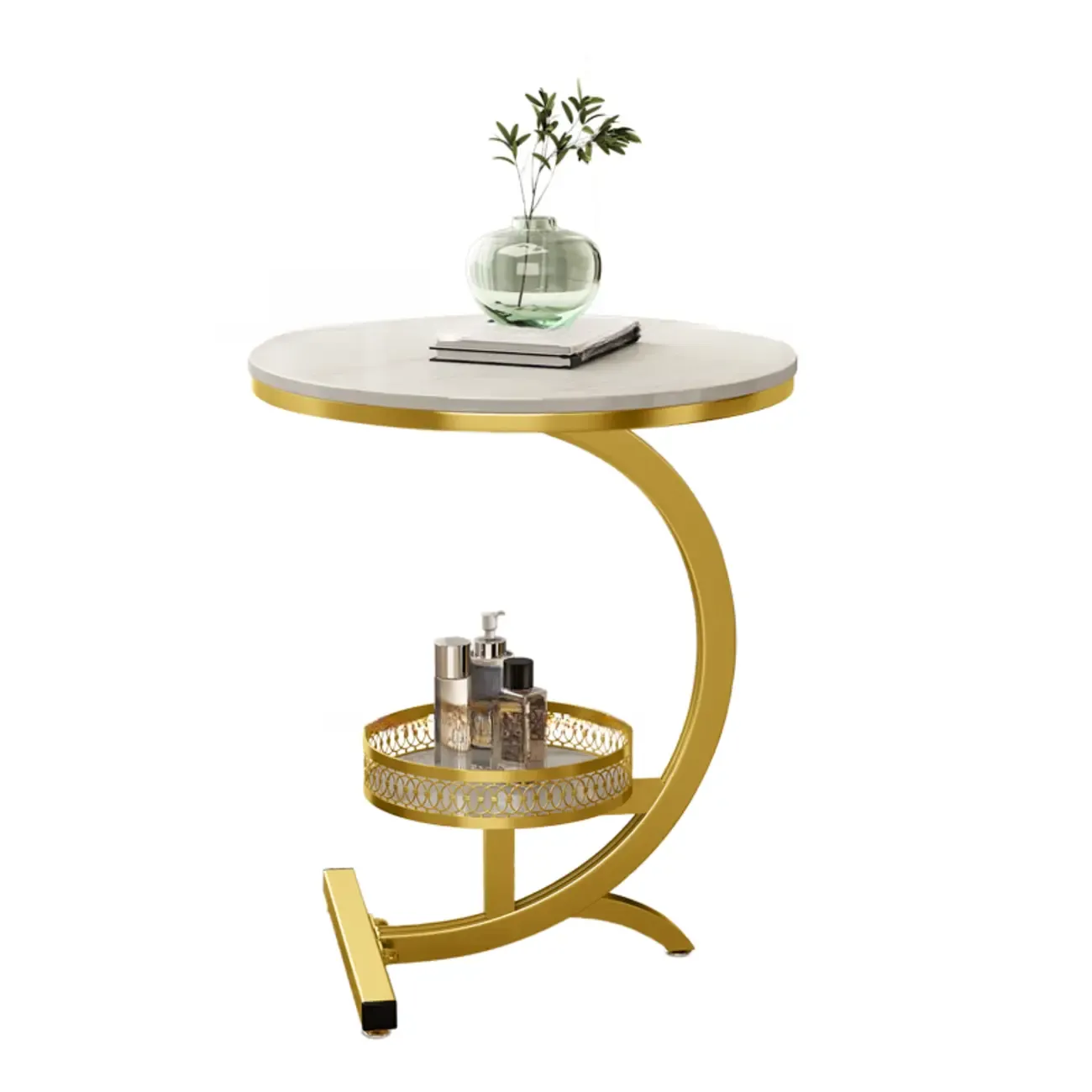Glam Stone Top Metal Base C-Shape Side Table Image - 8