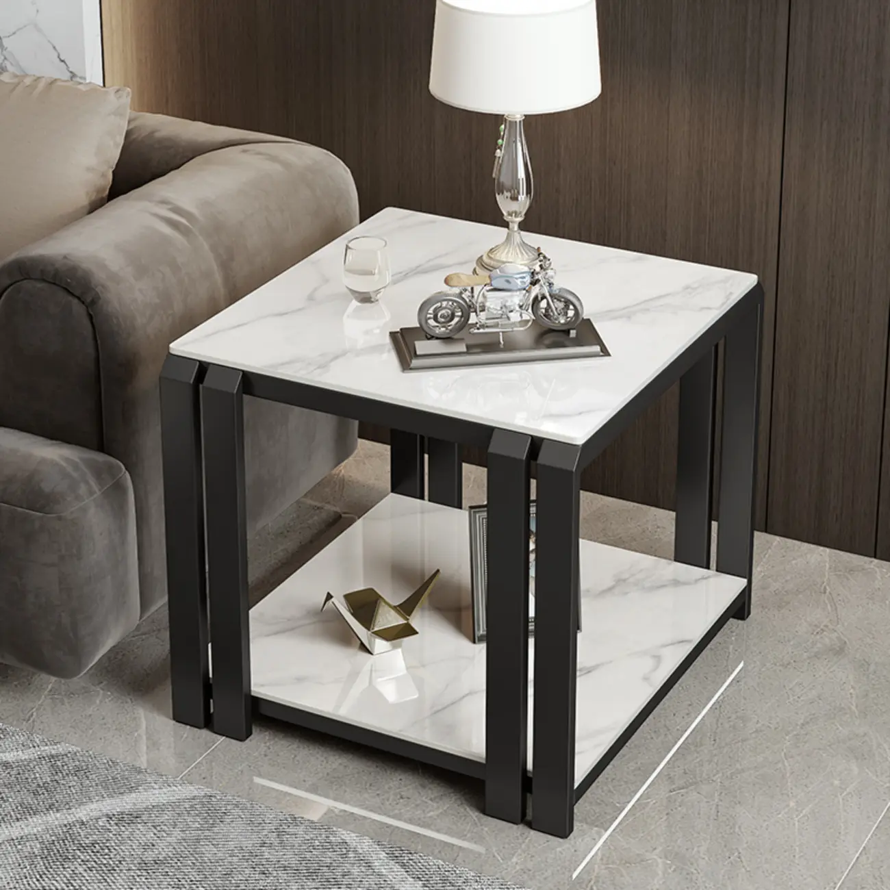 Modern Glam Marble Top Metal Square Chairside Table Image - 4 | homeyfad