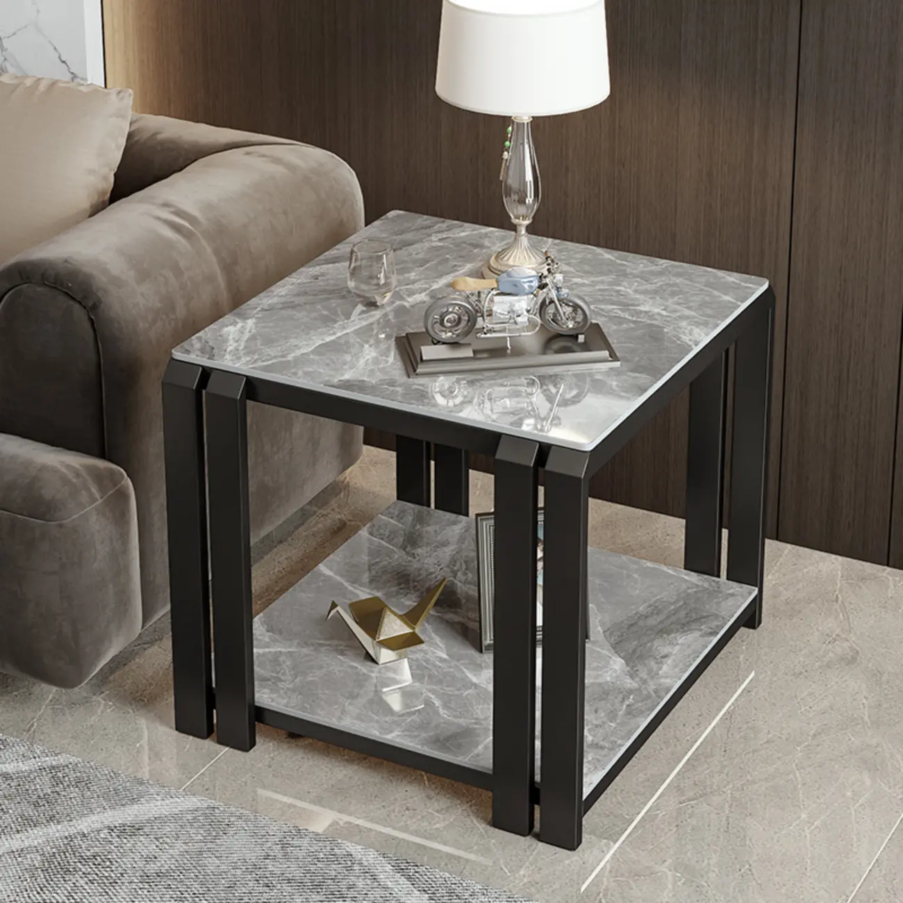 Modern Glam Marble Top Metal Square Chairside Table Image - 5 | homeyfad