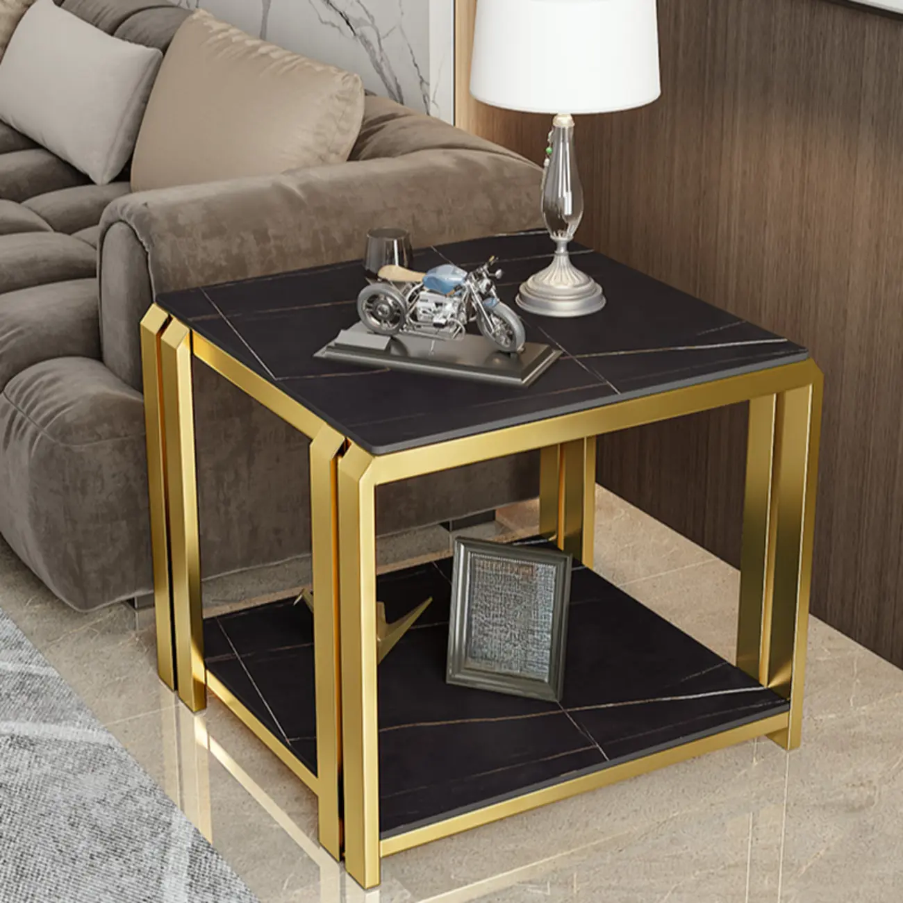 Modern Glam Marble Top Metal Square Chairside Table Image - 3 | homeyfad