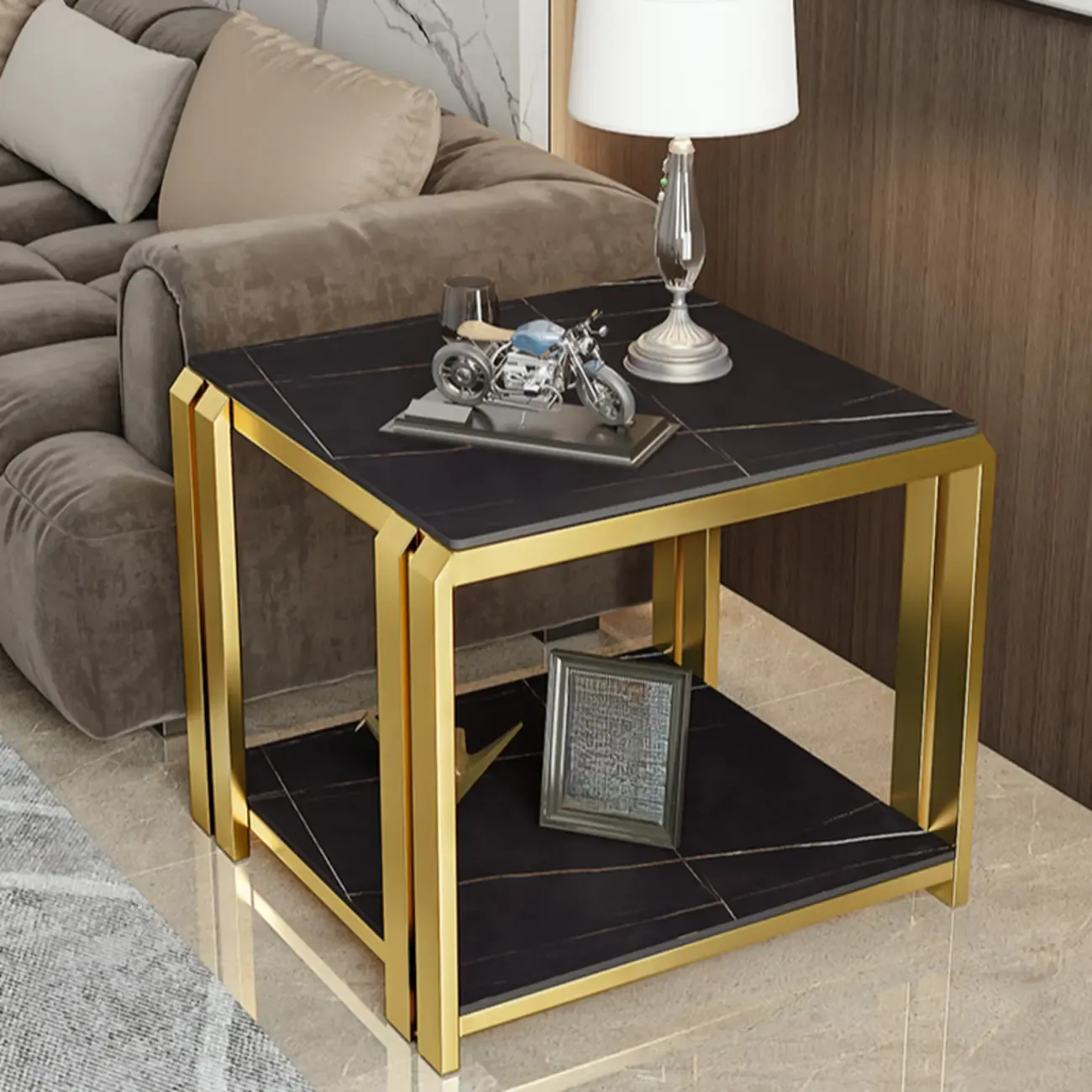 Modern Glam Marble Top Metal Square Chairside Table Image - 3