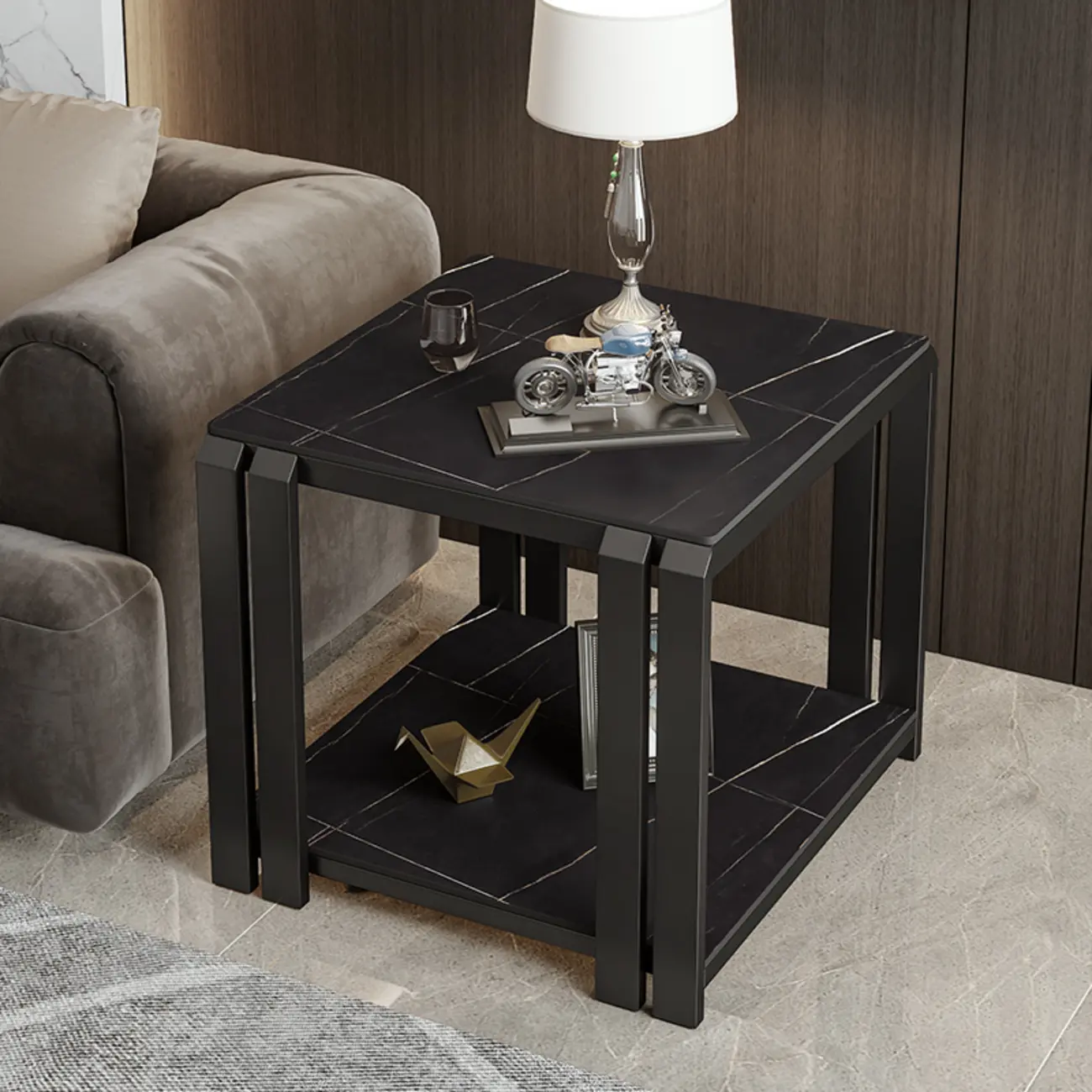 Modern Glam Marble Top Metal Square Chairside Table Image - 10 | homeyfad