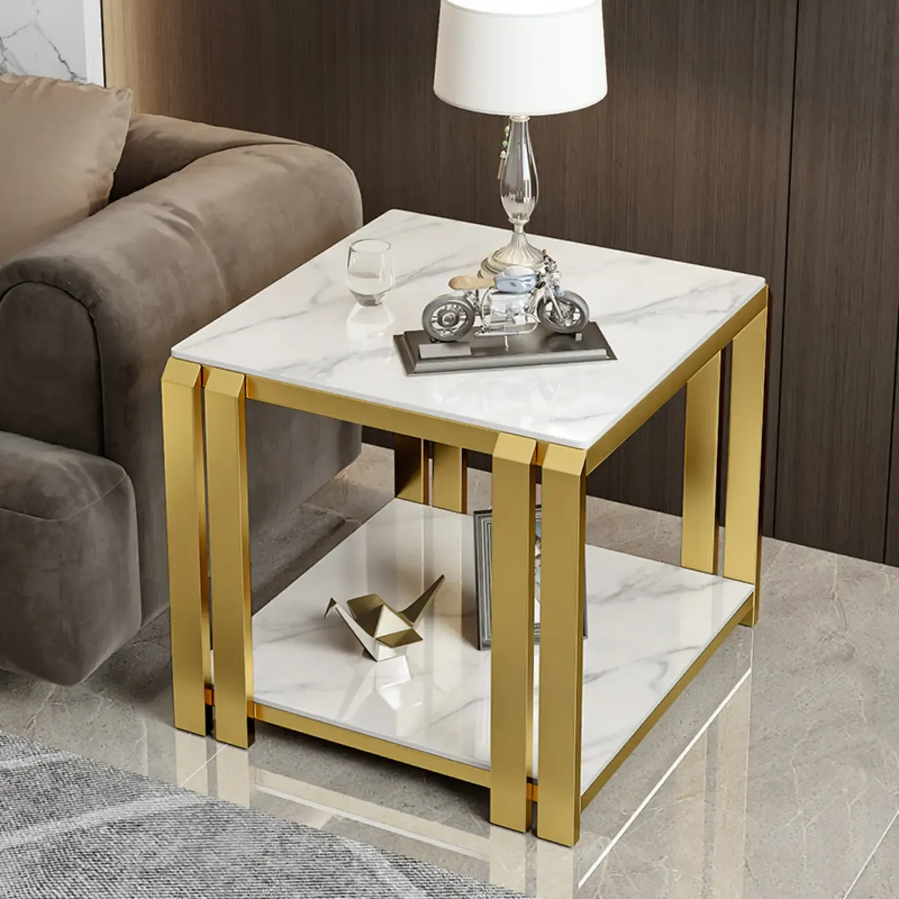 Modern Glam Marble Top Metal Square Chairside Table Image - 7