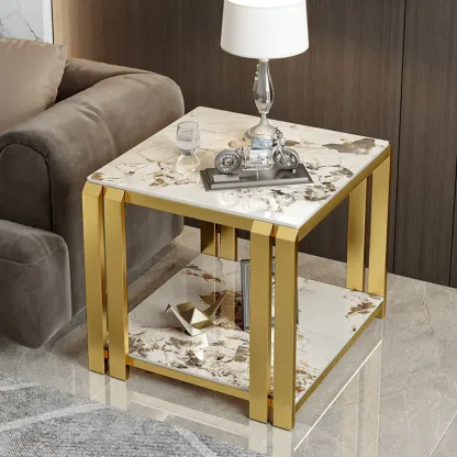 Modern Glam Marble Top Metal Square Chairside Table Image - 9