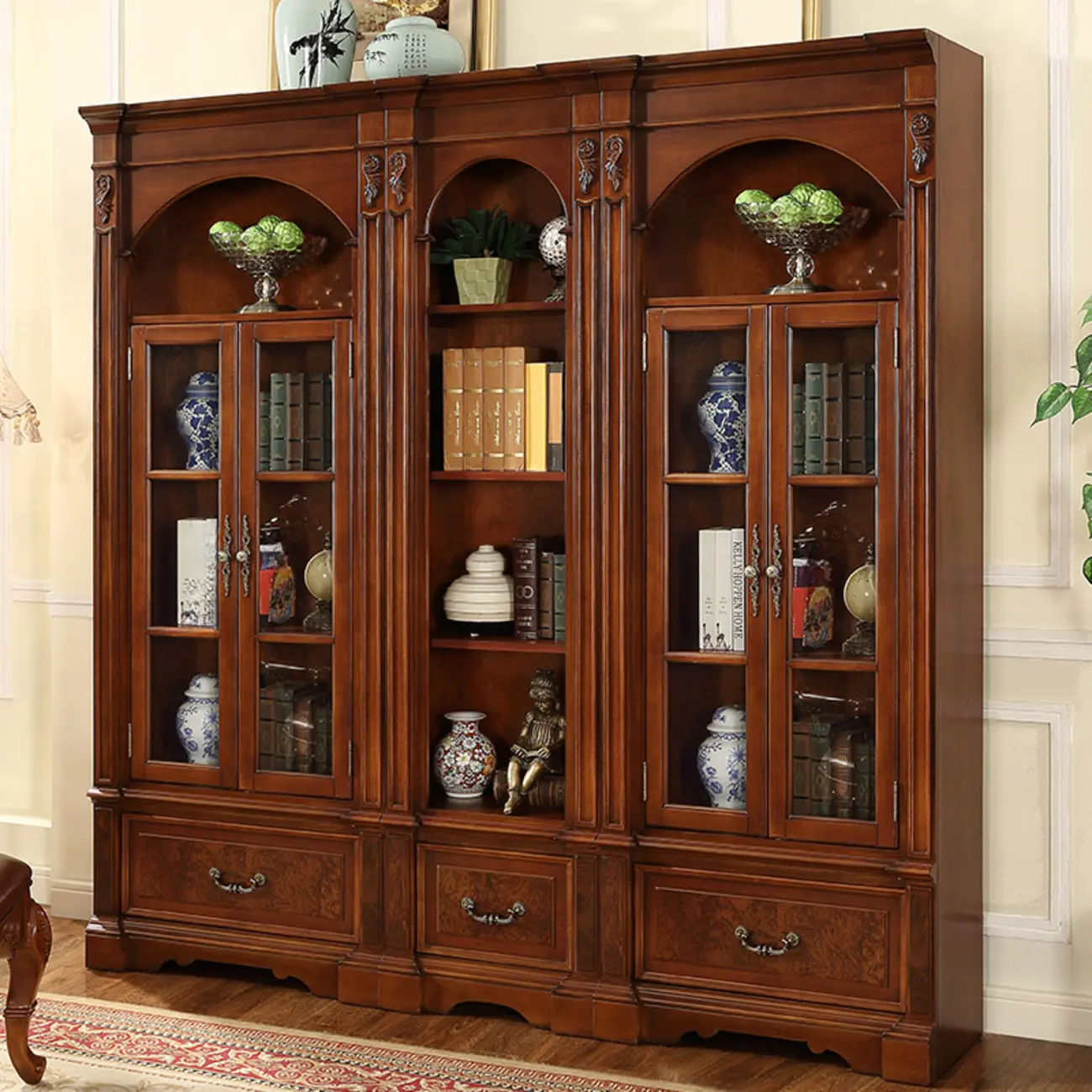 Tall Classic Brown Wooden Display Corner Bookcase with Drawer Image - 3 | homeyfad