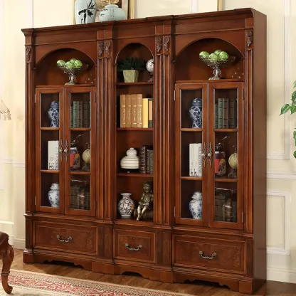 Tall Classic Brown Wooden Display Corner Bookcase with Drawer Image - 3
