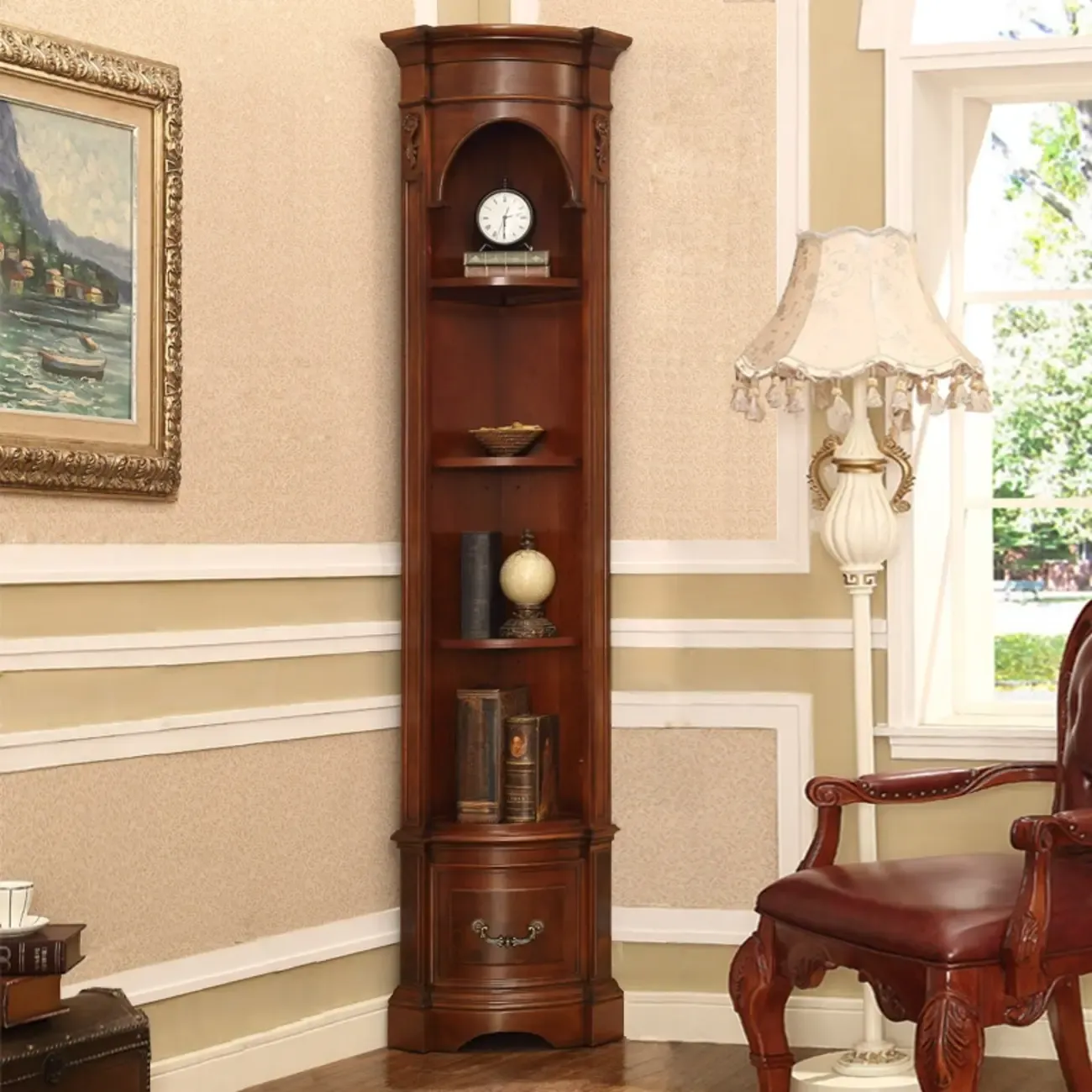 Tall Classic Brown Wooden Display Corner Bookcase with Drawer Image - 2