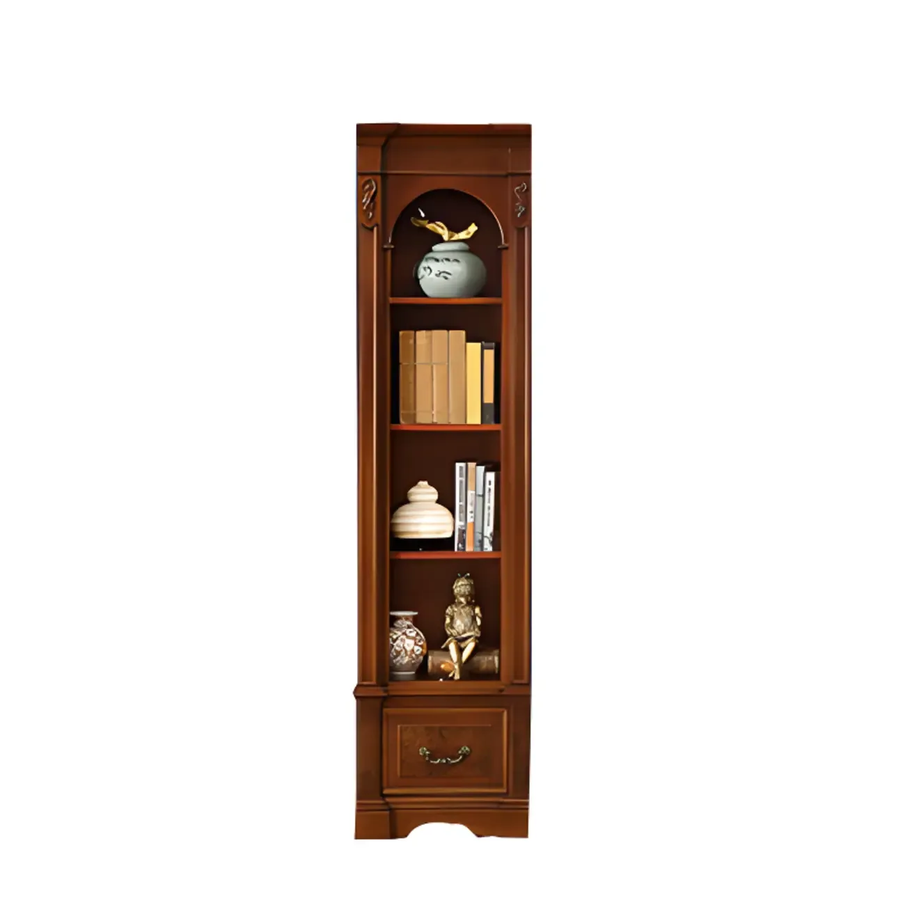 Tall Classic Brown Wooden Display Corner Bookcase with Drawer Image - 6