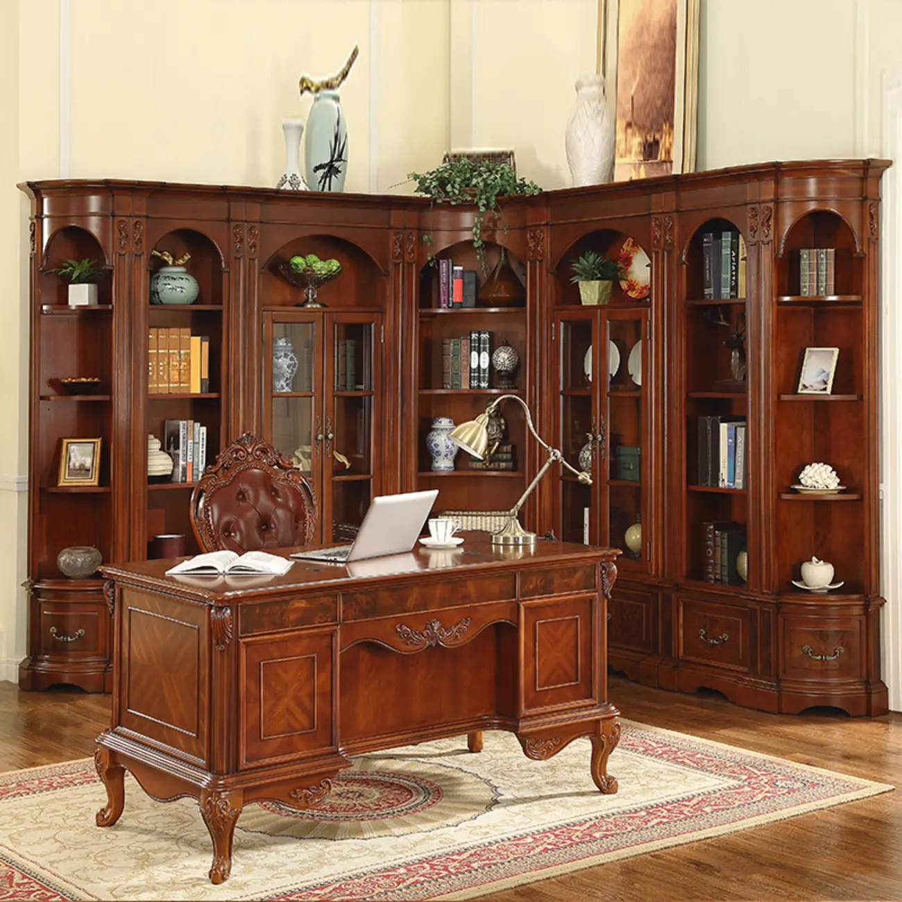 Tall Classic Brown Wooden Display Corner Bookcase with Drawer Image - 5 | homeyfad