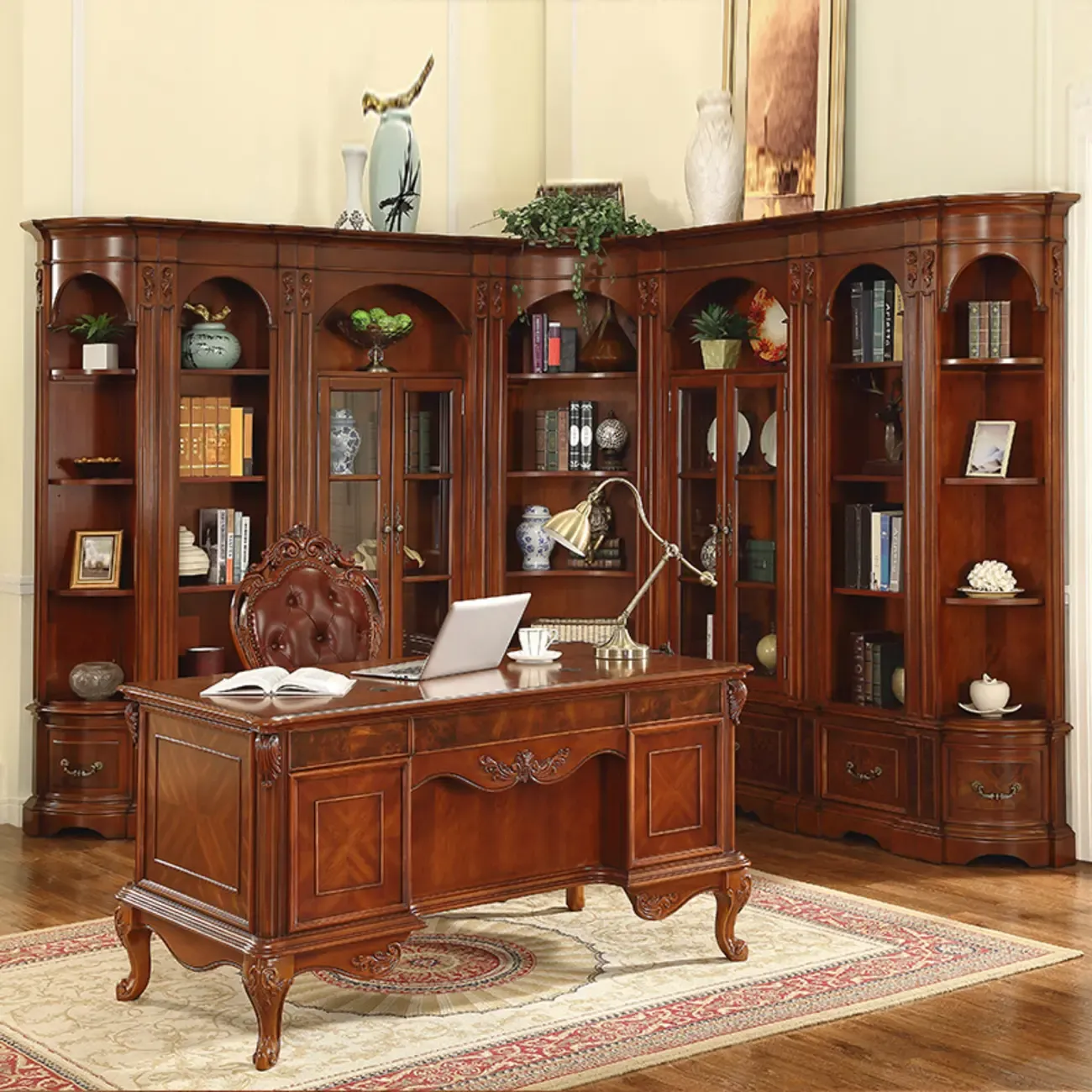 Tall Classic Brown Wooden Display Corner Bookcase with Drawer Image - 5